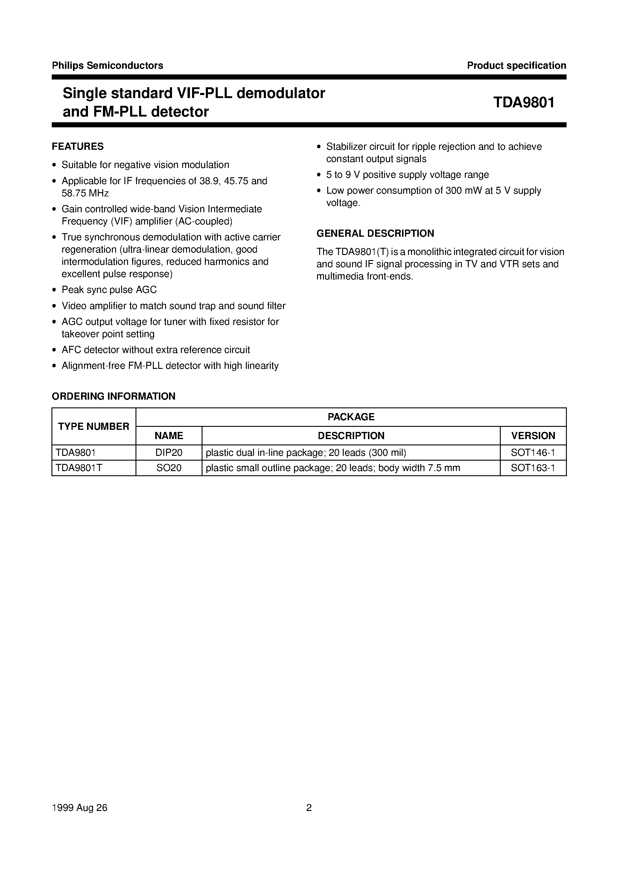 Datasheet TDA9801T - Single standard VIF-PLL demodulator and FM-PLL detector page 2