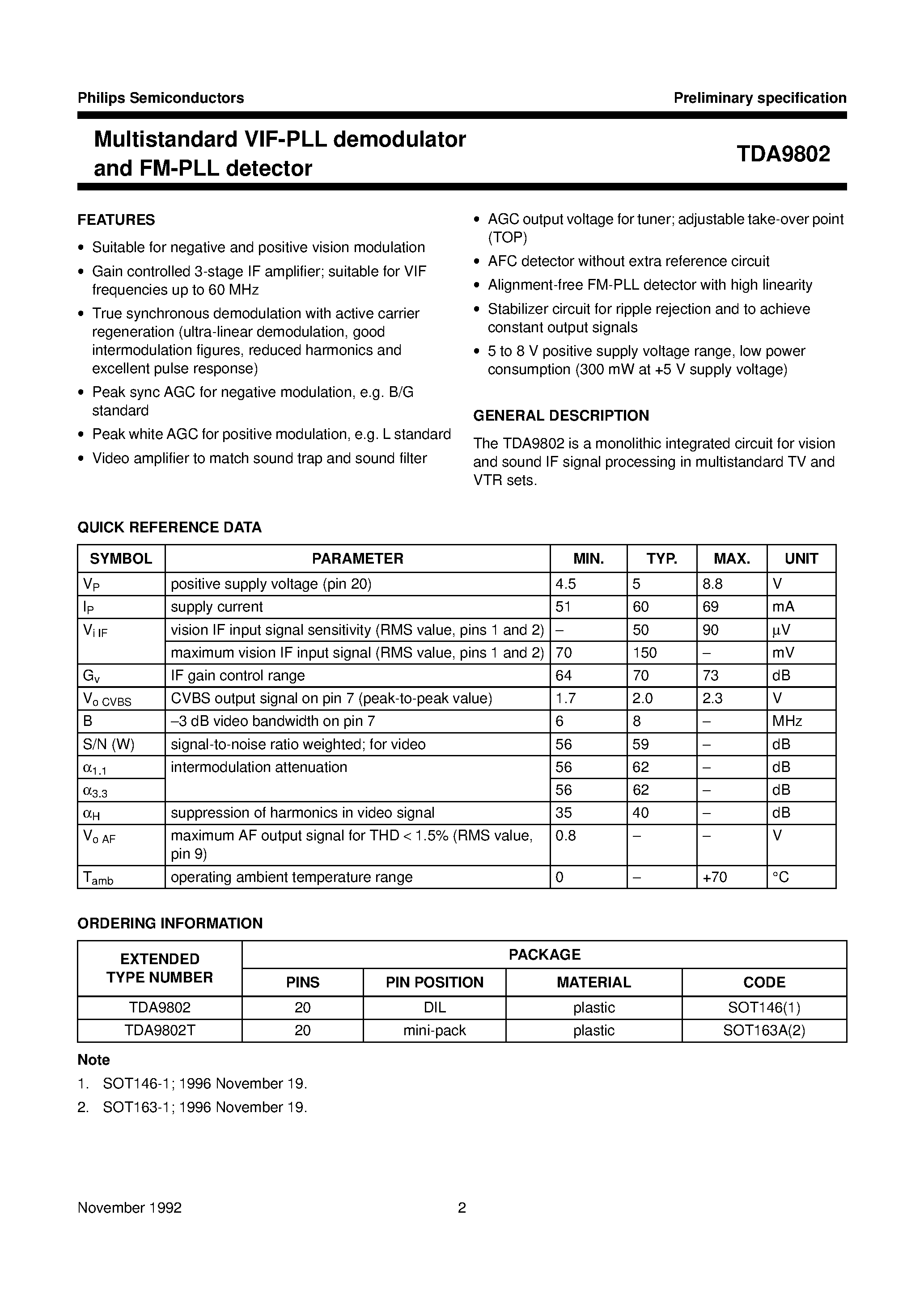 Datasheet TDA9802T page 2 Datasheet TDA9802T - Multistandard VIF-PLL demodulator and FM-PLL detector page 2