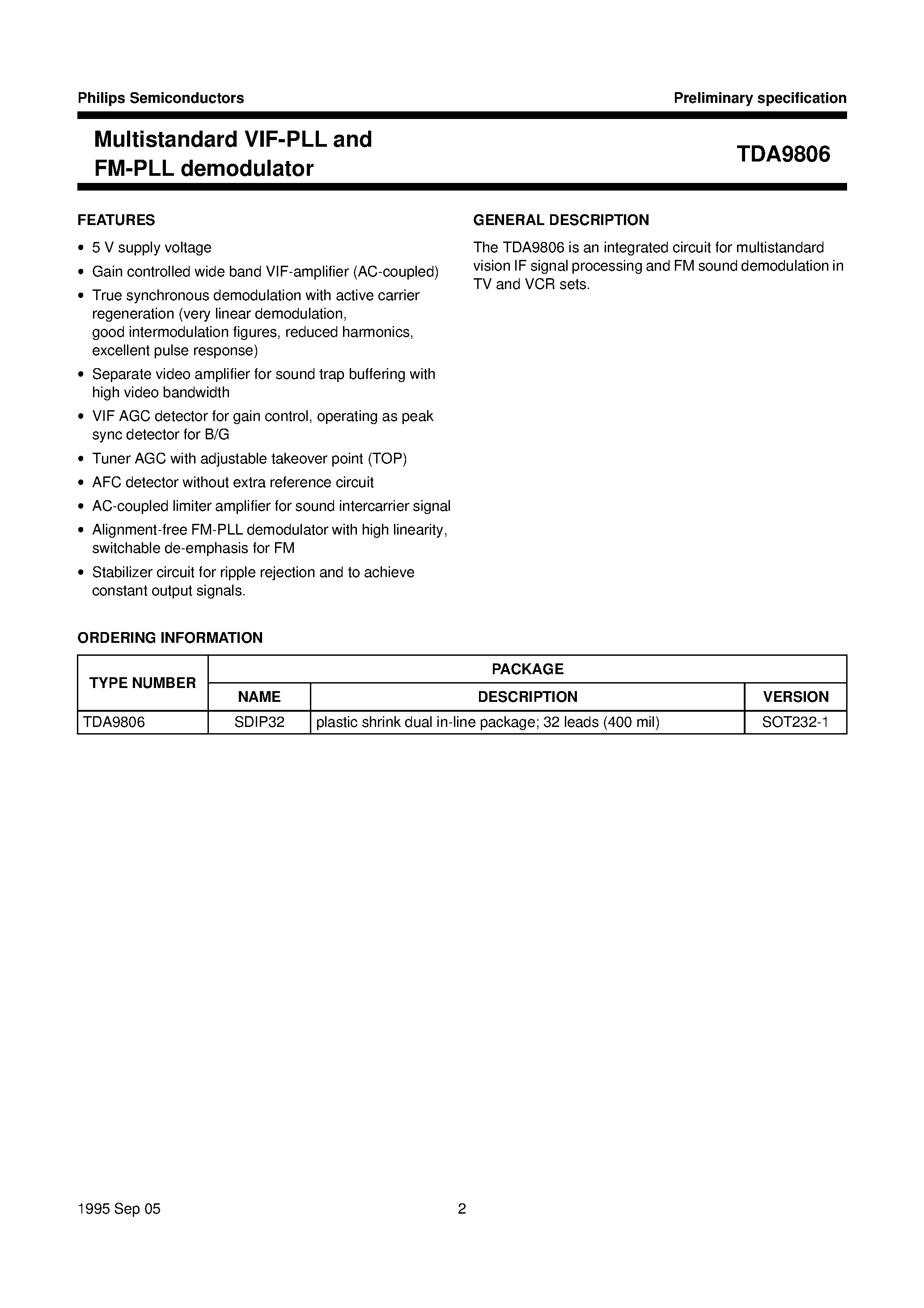 Datasheet TDA9806 page 2 Datasheet TDA9806 - Multistandard VIF-PLL and FM-PLL demodulator page 2