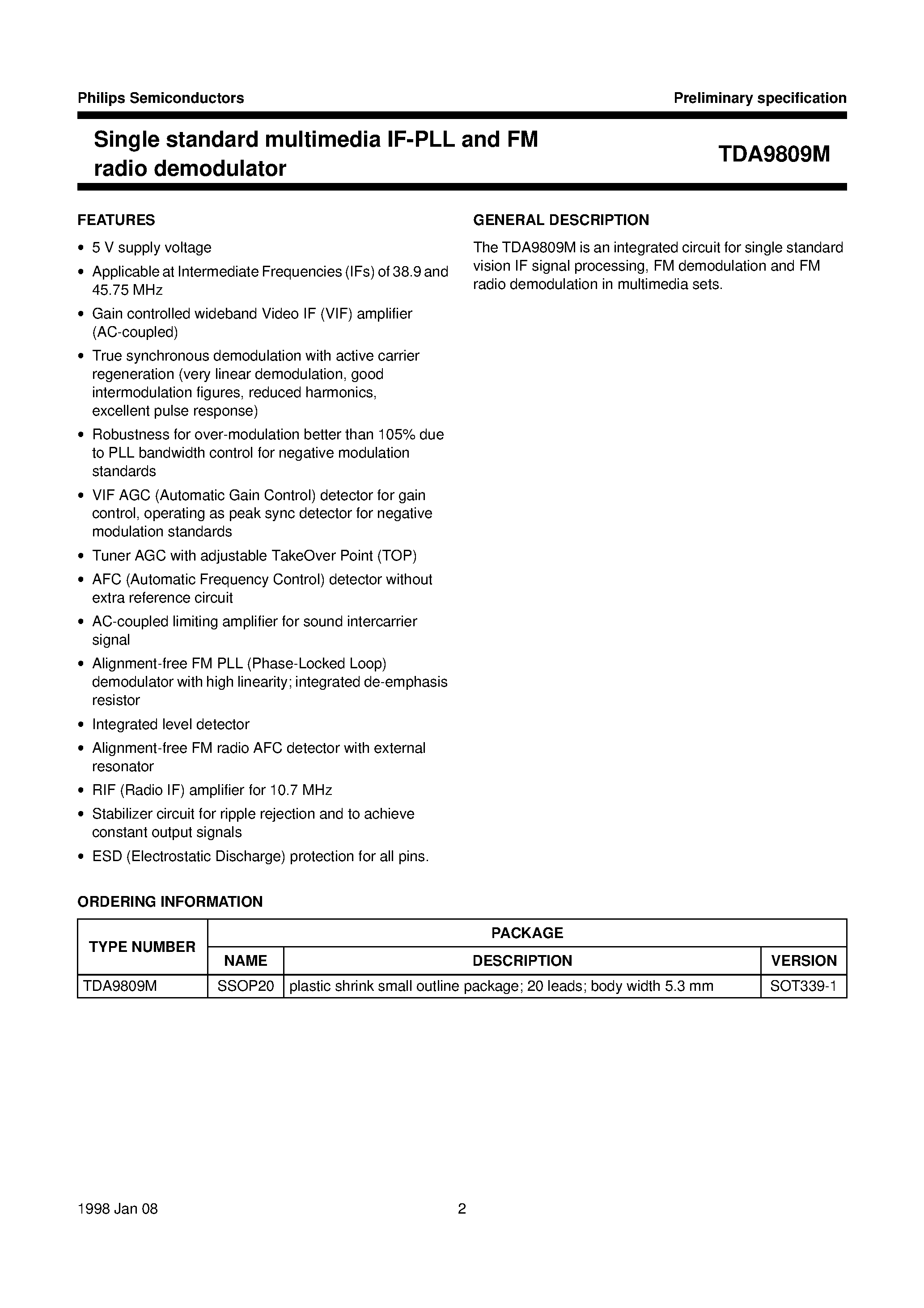 Datasheet TDA9809 - Single standard multimedia IF-PLL and FM radio demodulator page 2
