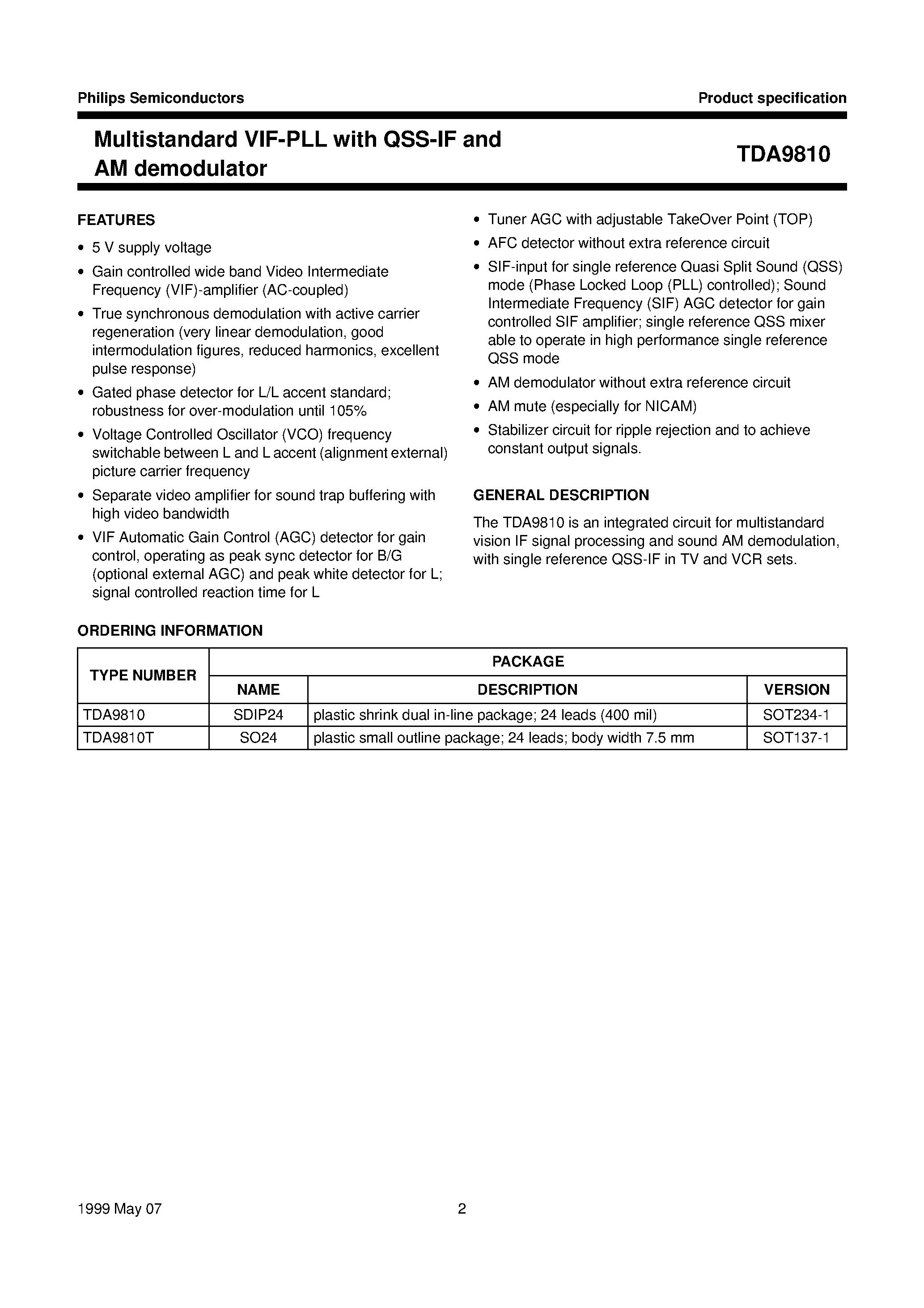 Datasheet TDA9810 - Multistandard VIF-PLL with QSS-IF and AM demodulator page 2