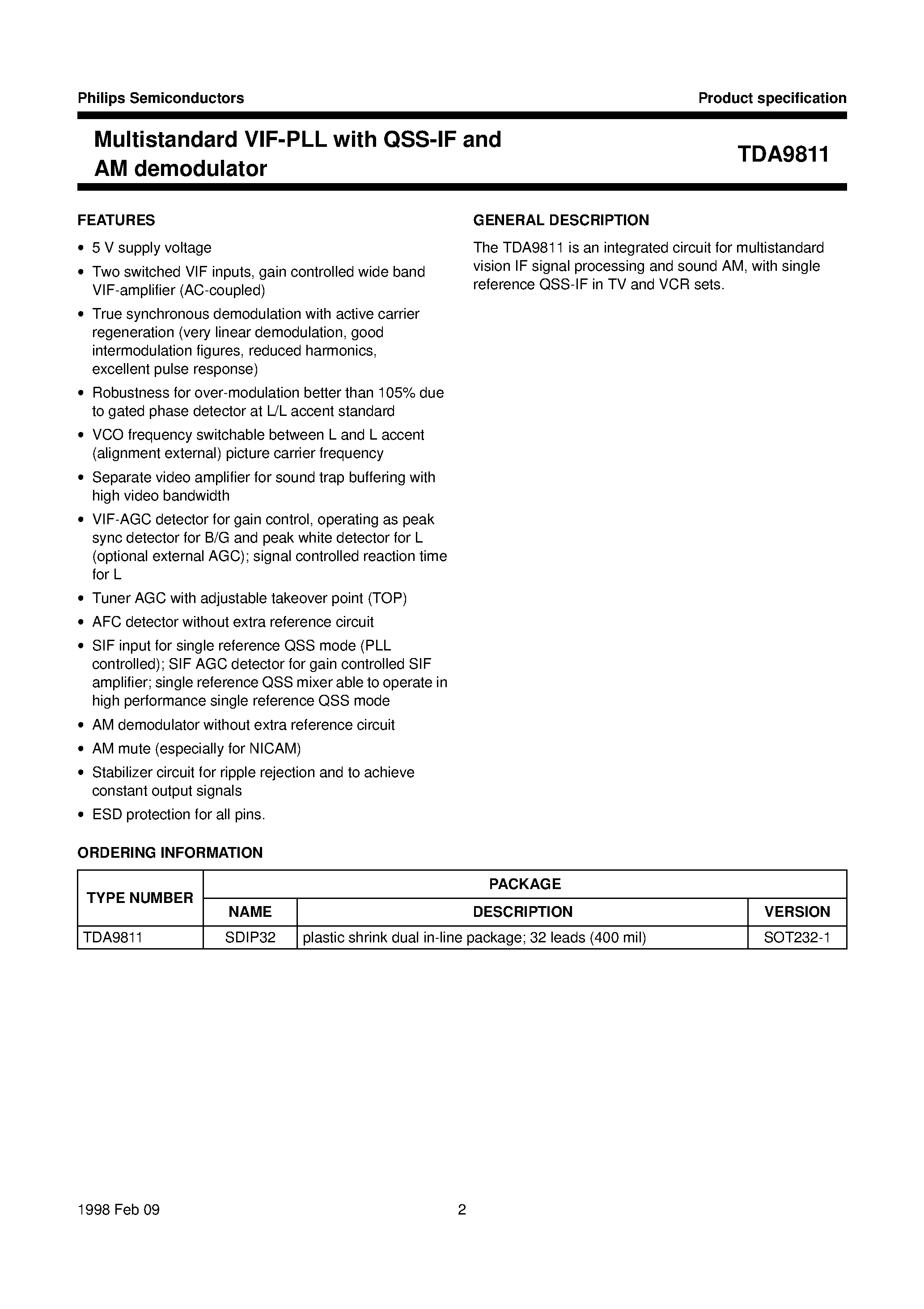 Datasheet TDA9811 - Multistandard VIF-PLL with QSS-IF and AM demodulator page 2
