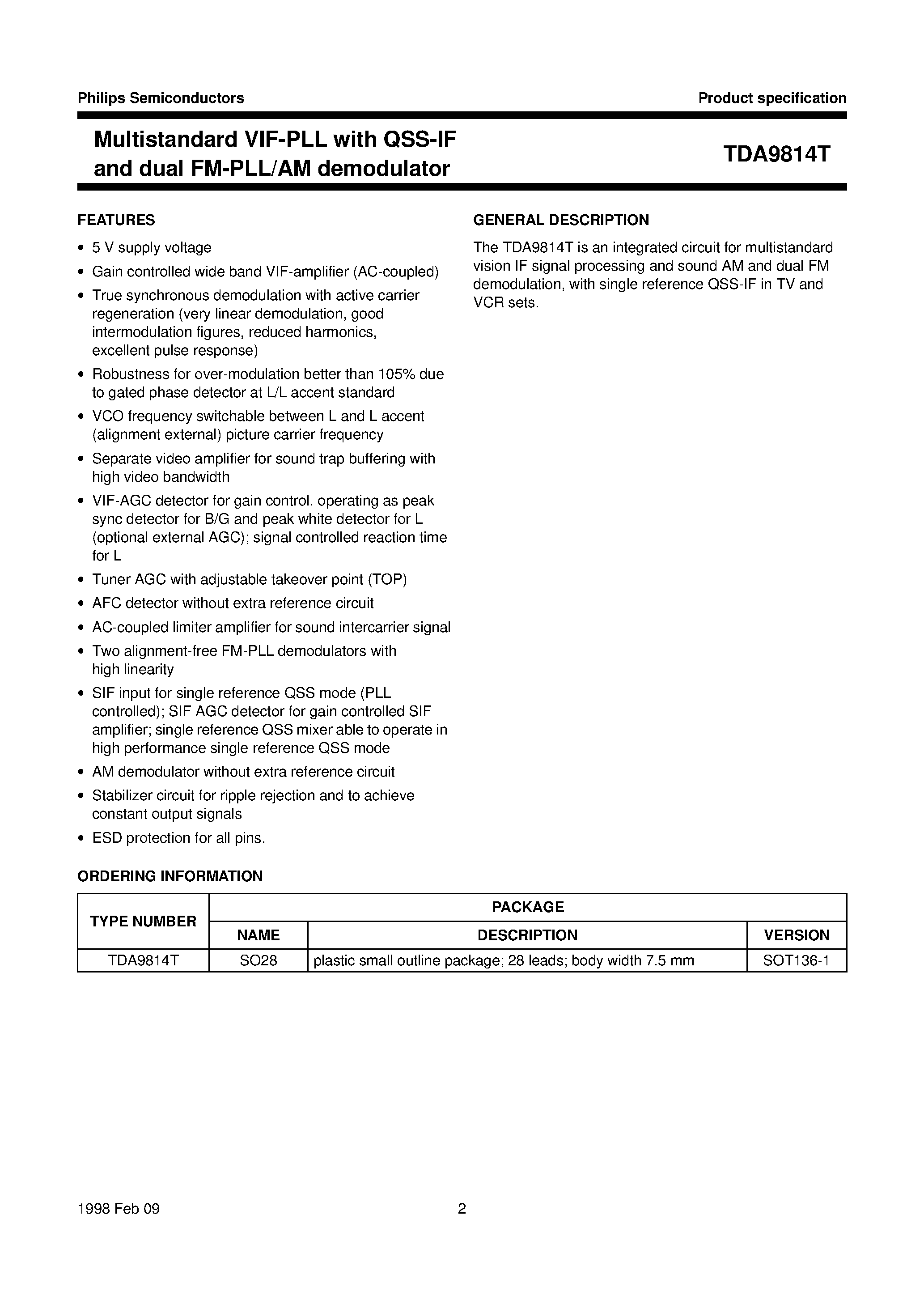 Datasheet TDA9814T page 2 Datasheet TDA9814T - Multistandard VIF-PLL with QSS-IF and dual FM-PLL/AM demodulator page 2