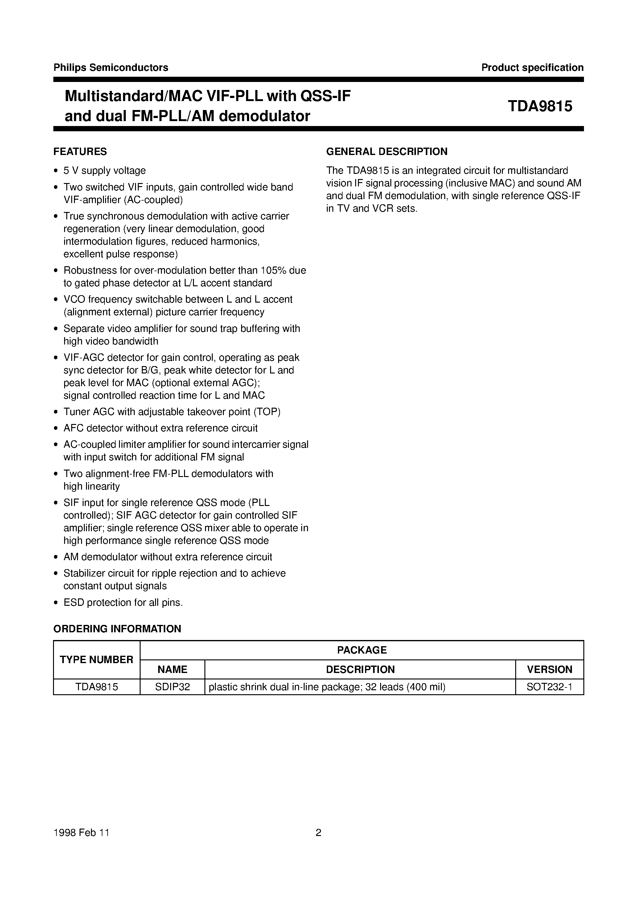 Datasheet TDA9815 - Multistandard/MAC VIF-PLL with QSS-IF and dual FM-PLL/AM demodulator page 2
