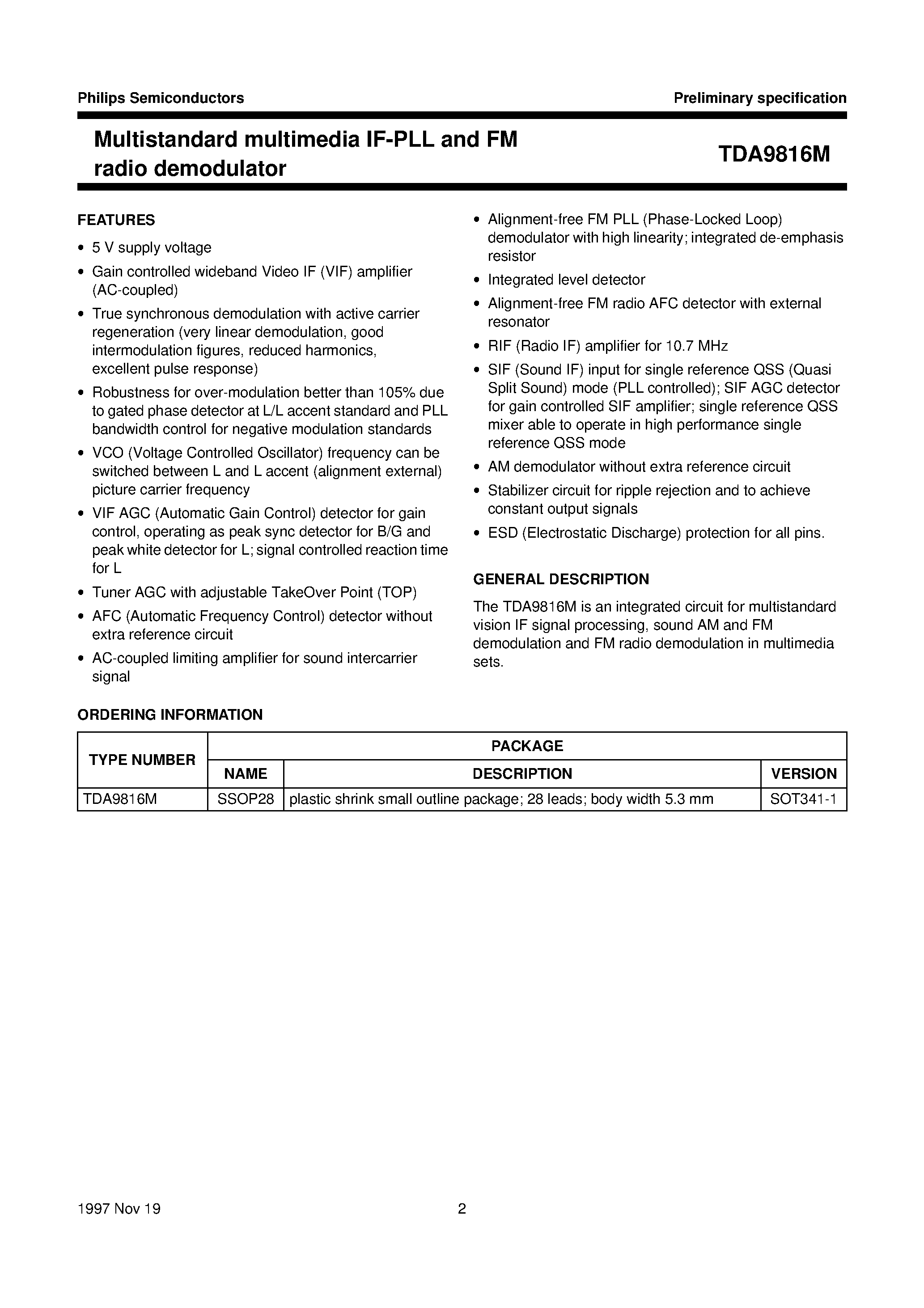 Datasheet TDA9816M page 2 Datasheet TDA9816M - Multistandard multimedia IF-PLL and FM radio demodulator page 2