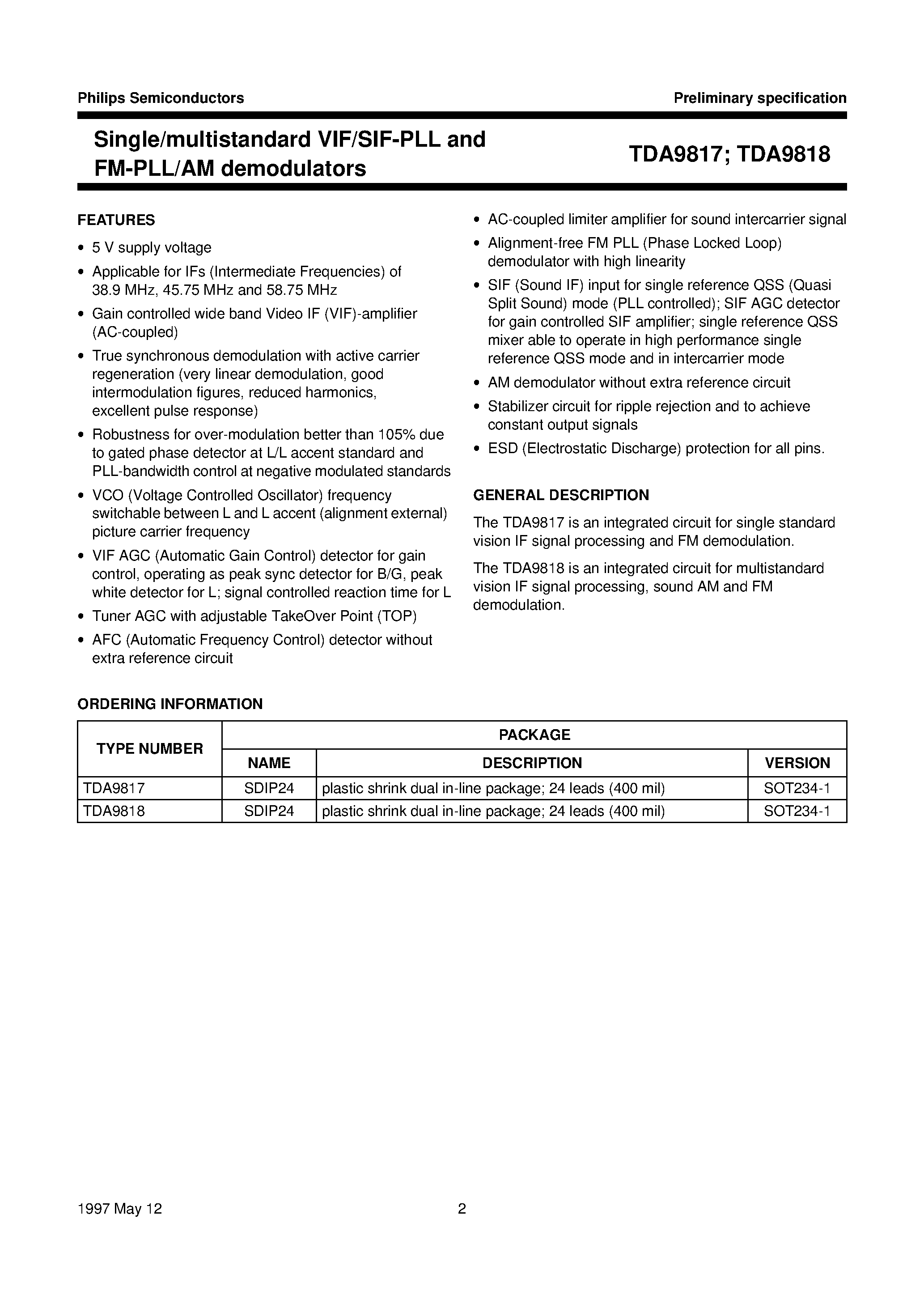 Datasheet TDA9818 page 2 Datasheet TDA9818 - Single/multistandard VIF/SIF-PLL and FM-PLL/AM demodulators page 2