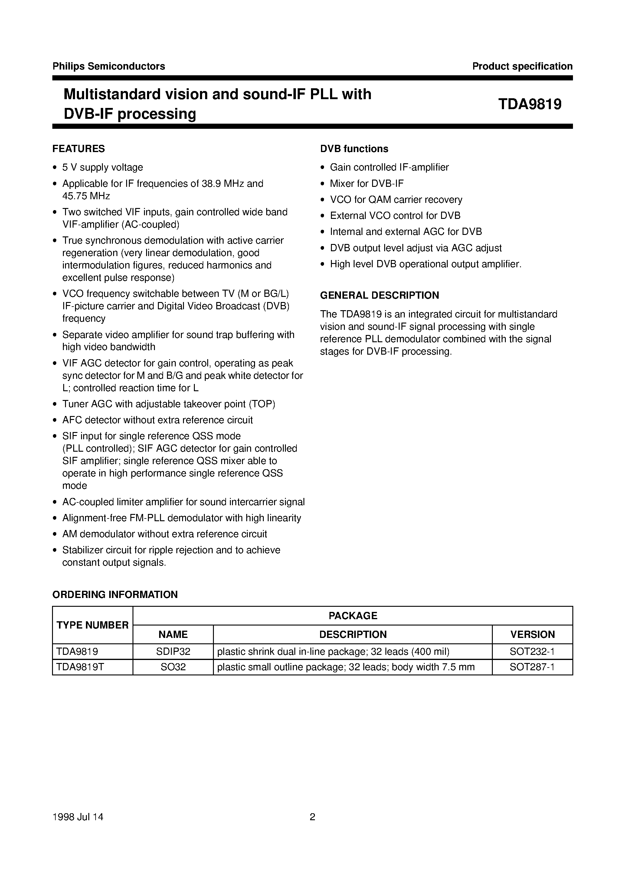 Datasheet TDA9819T - Multistandard vision and sound-IF PLL with DVB-IF processing page 2