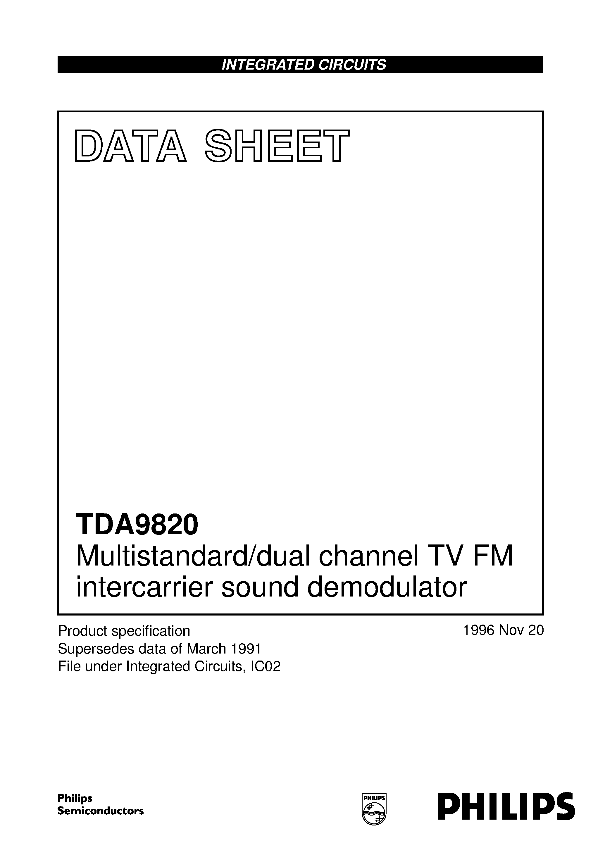 Datasheet TDA9820T page 1 Datasheet TDA9820T - Multistandard/dual channel TV FM intercarrier sound demodulator page 1