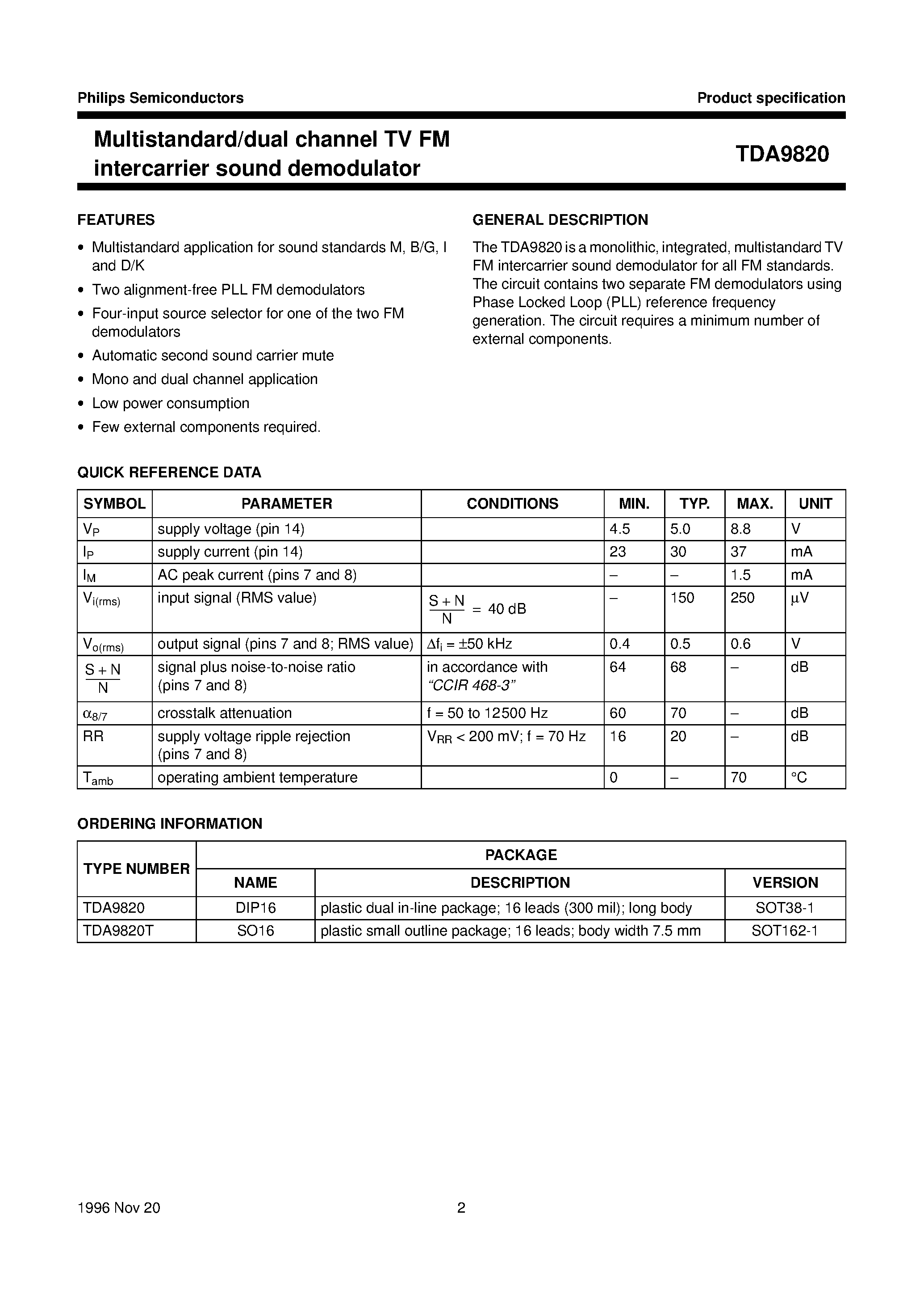 Datasheet TDA9820T page 2 Datasheet TDA9820T - Multistandard/dual channel TV FM intercarrier sound demodulator page 2
