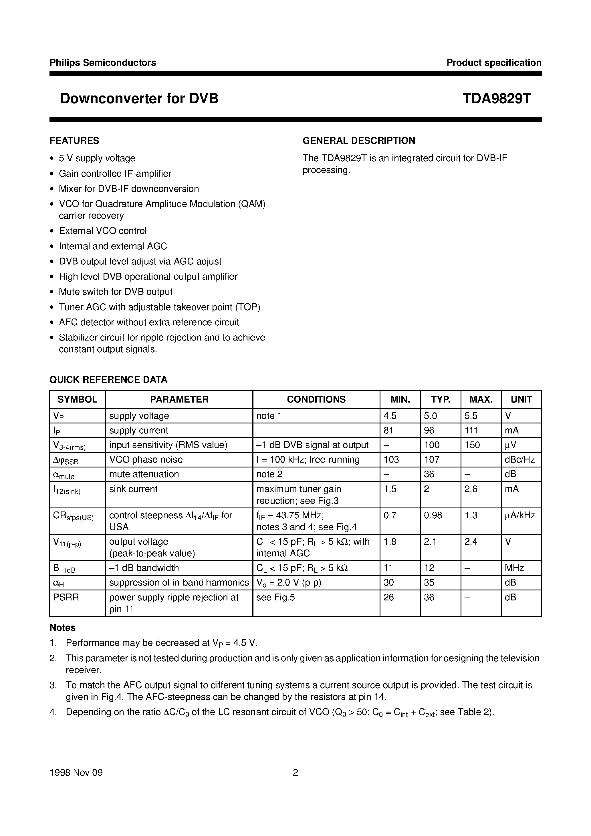 Datasheet TDA9829T - Downconverter for DVB page 2