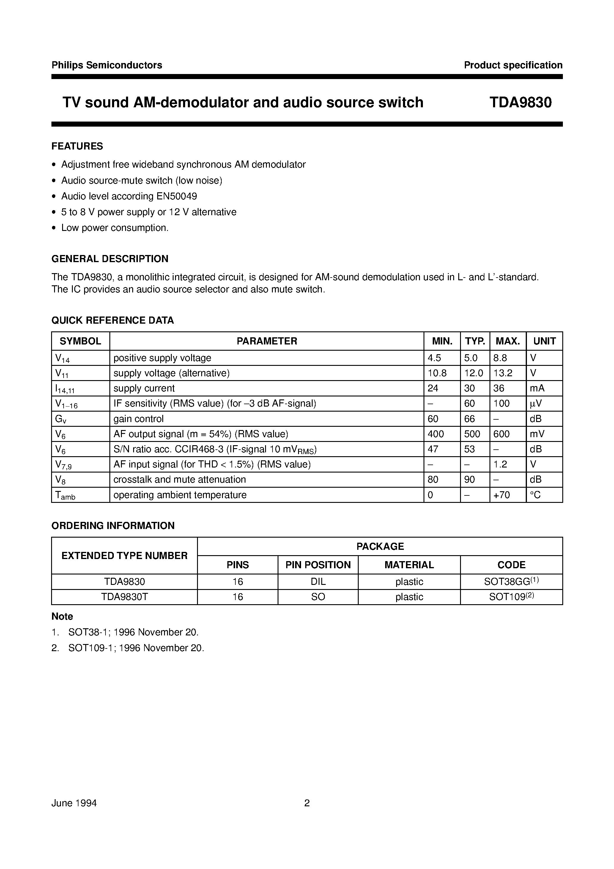 Datasheet TDA9830T - TV sound AM-demodulator and audio source switch page 2