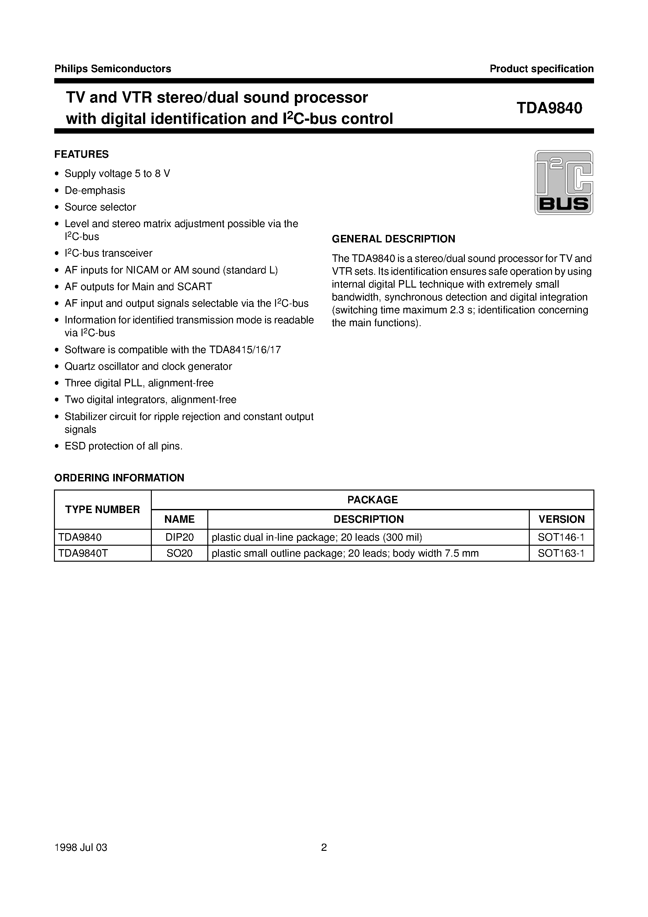 Datasheet TDA9840 page 2 Datasheet TDA9840 - TV and VTR stereo/dual sound processor with digital identification and I2C-bus control page 2