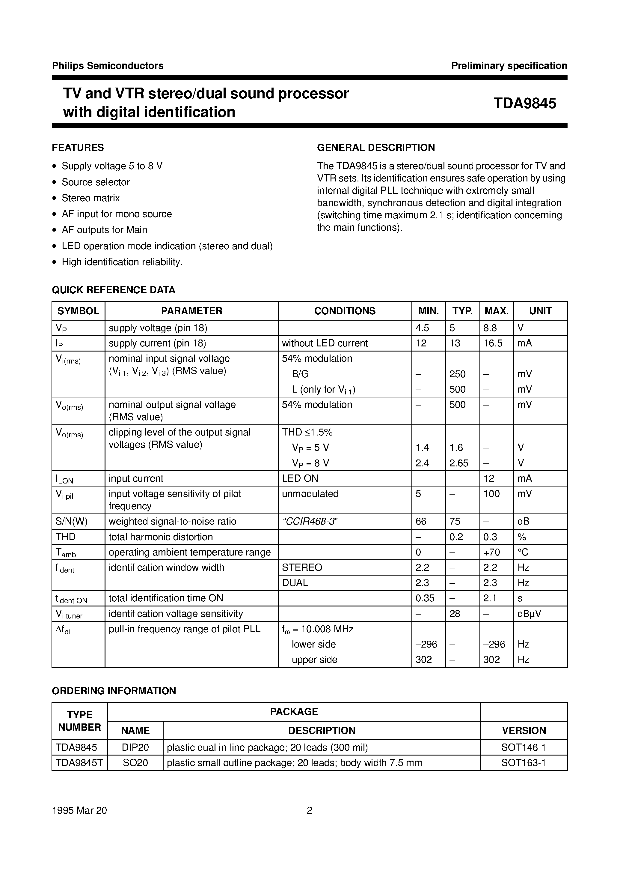 Datasheet TDA9845 - TV and VTR stereo/dual sound processor with digital identification page 2