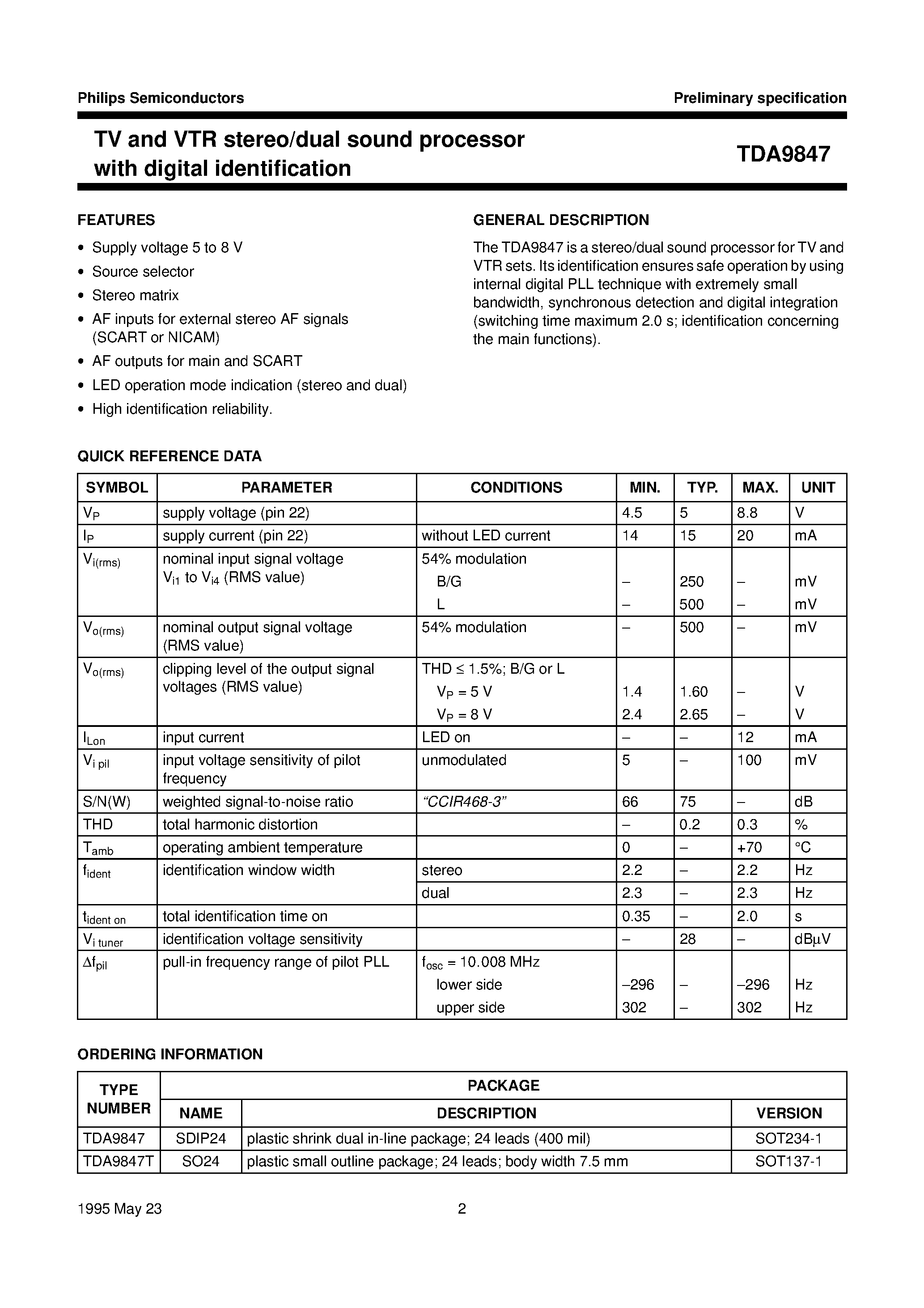 Datasheet TDA9847T - TV and VTR stereo/dual sound processor with digital identification page 2