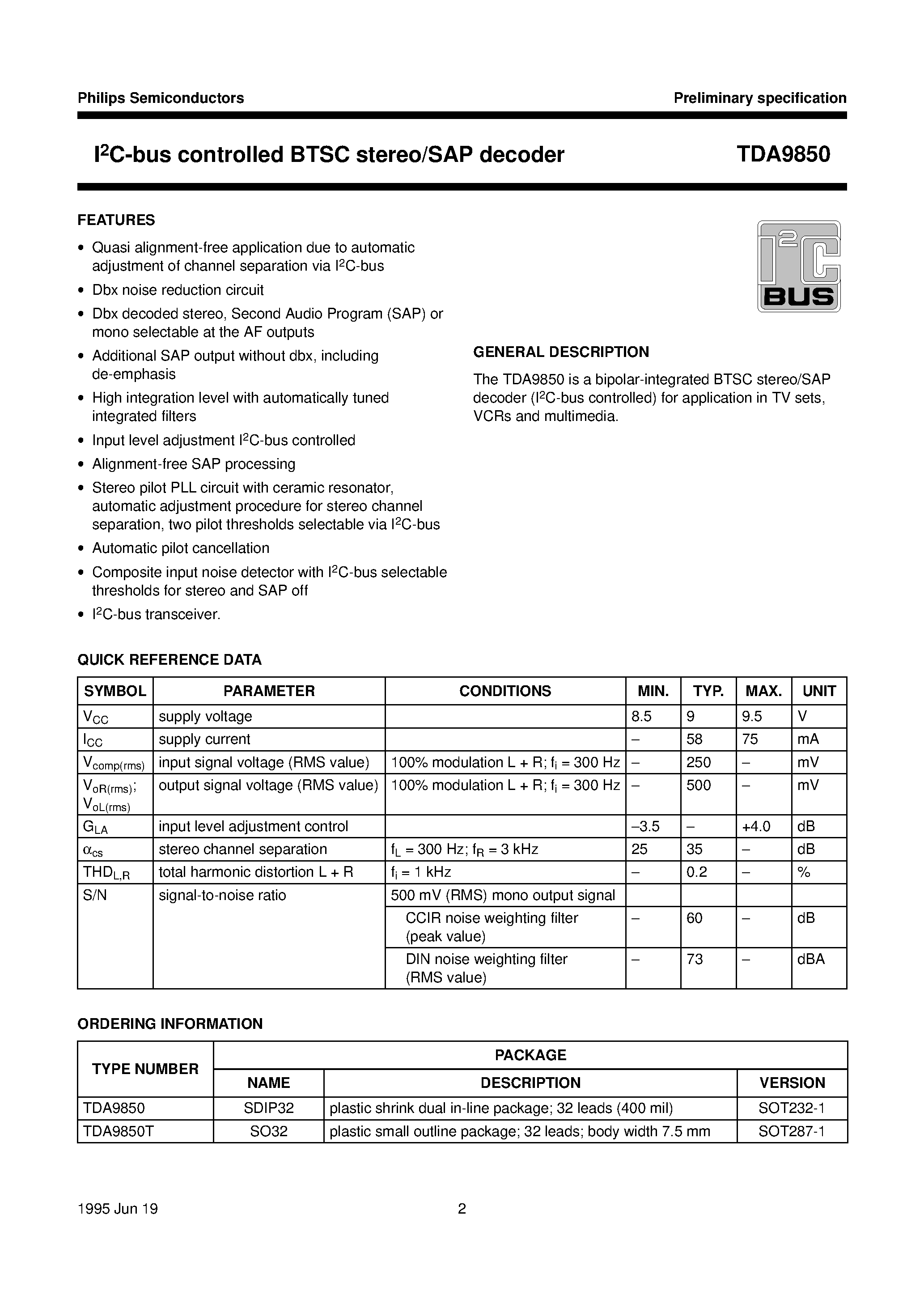 Datasheet TDA9850 page 2 Datasheet TDA9850 - I2C-bus controlled BTSC stereo/SAP decoder page 2