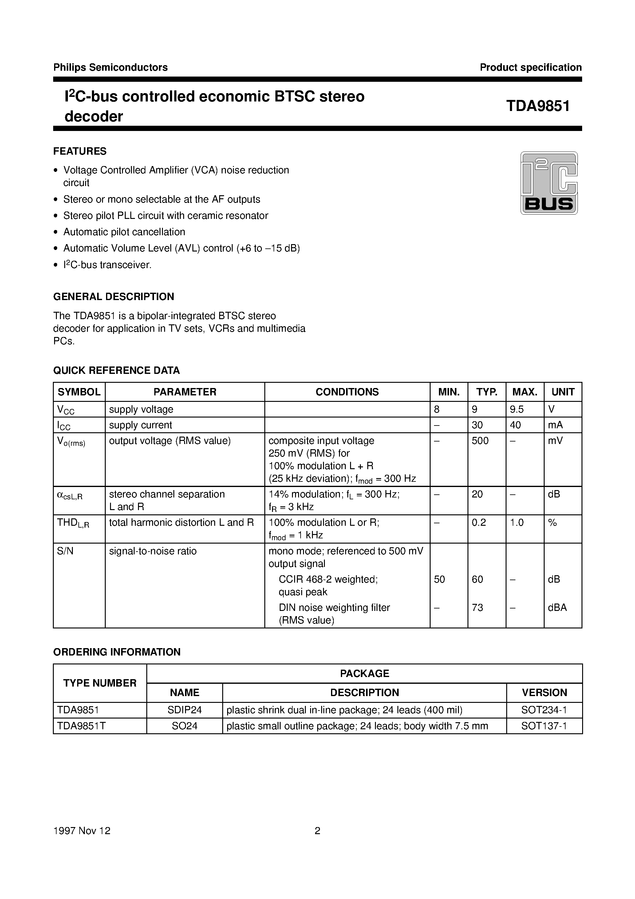 Datasheet TDA9851 page 2 Datasheet TDA9851 - I2C-bus controlled economic BTSC stereo decoder page 2