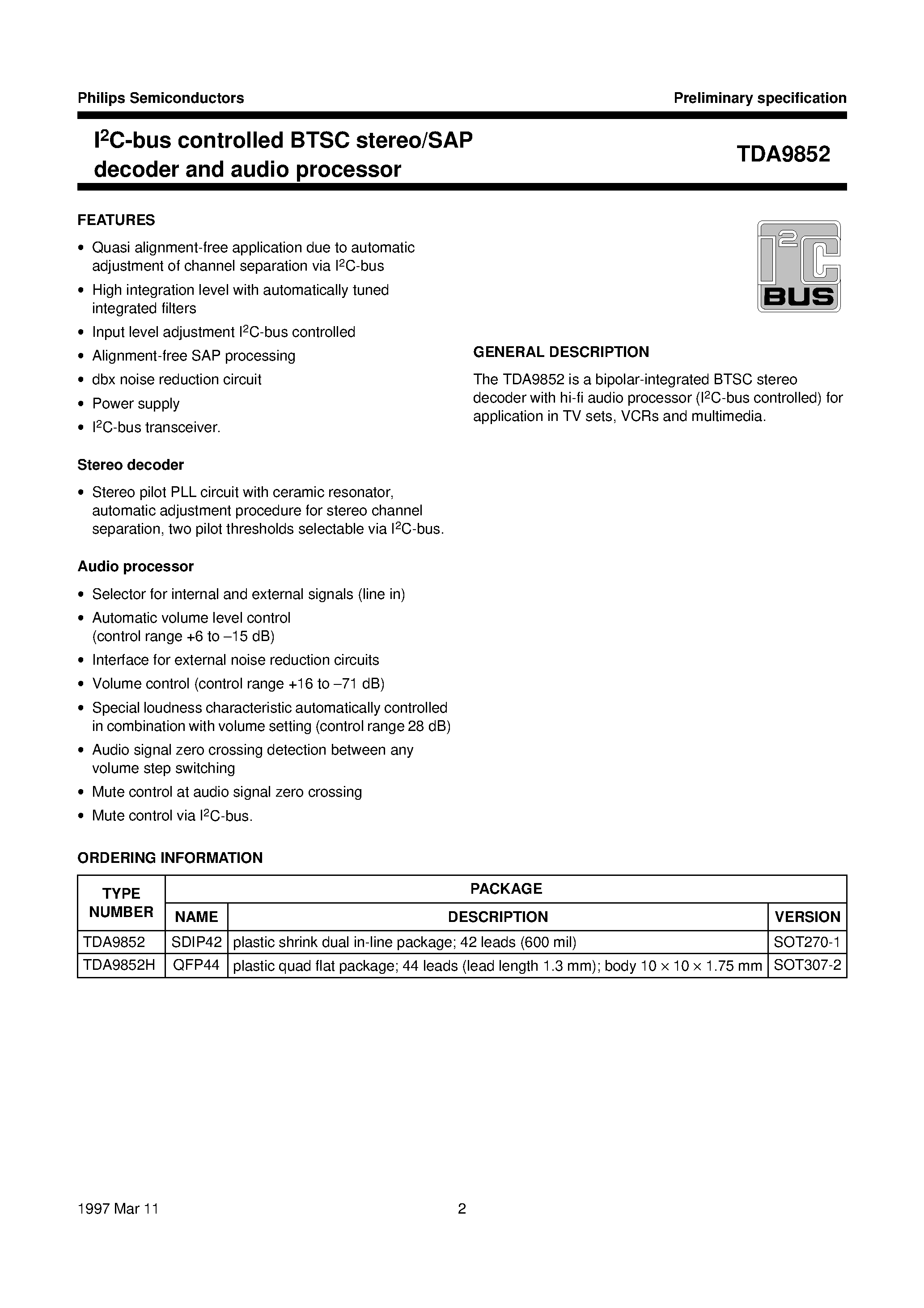 Datasheet TDA9852 - I2C-bus controlled BTSC stereo/SAP decoder and audio processor page 2