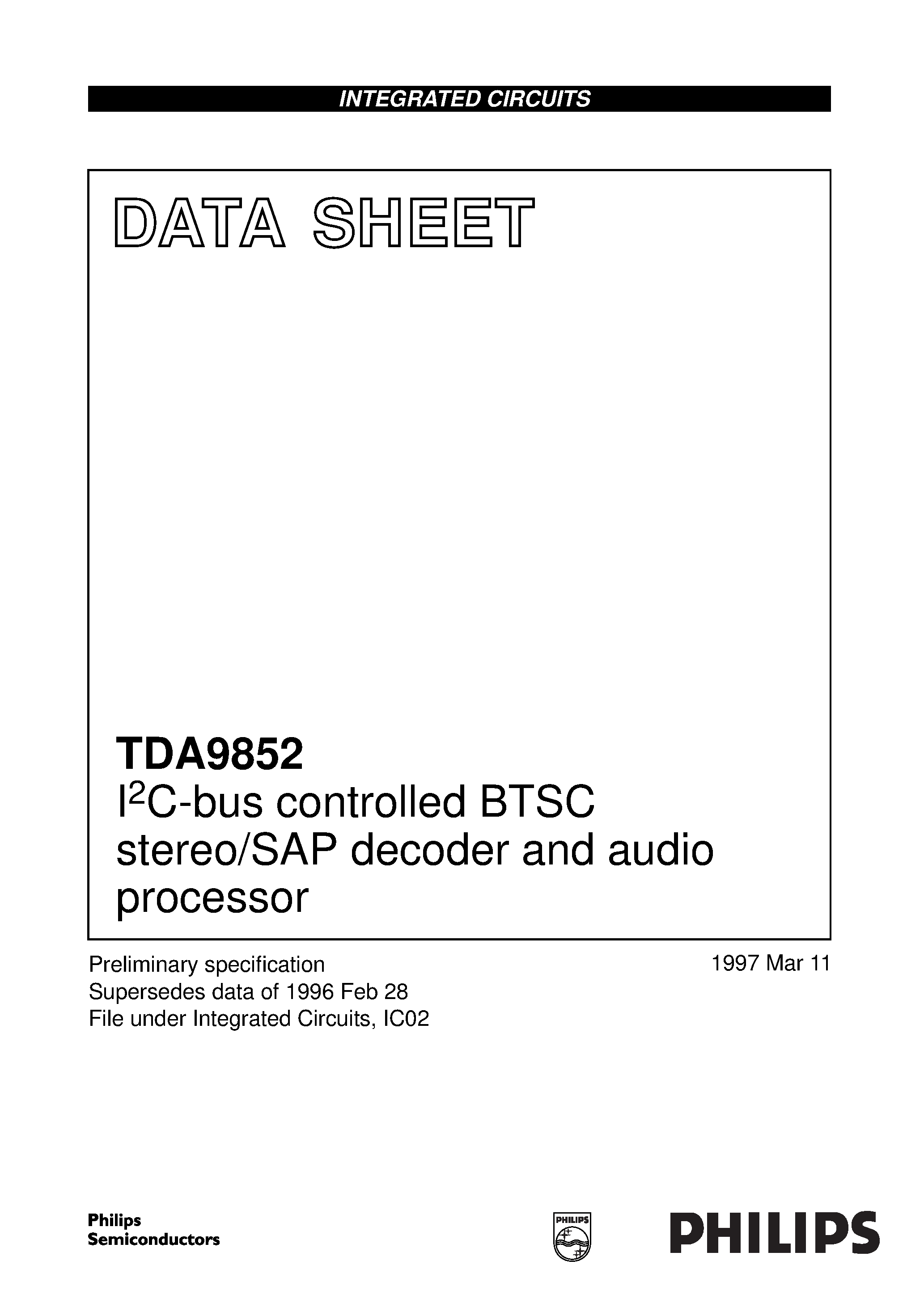 Datasheet TDA9852H page 1 Datasheet TDA9852H - I2C-bus controlled BTSC stereo/SAP decoder and audio processor page 1