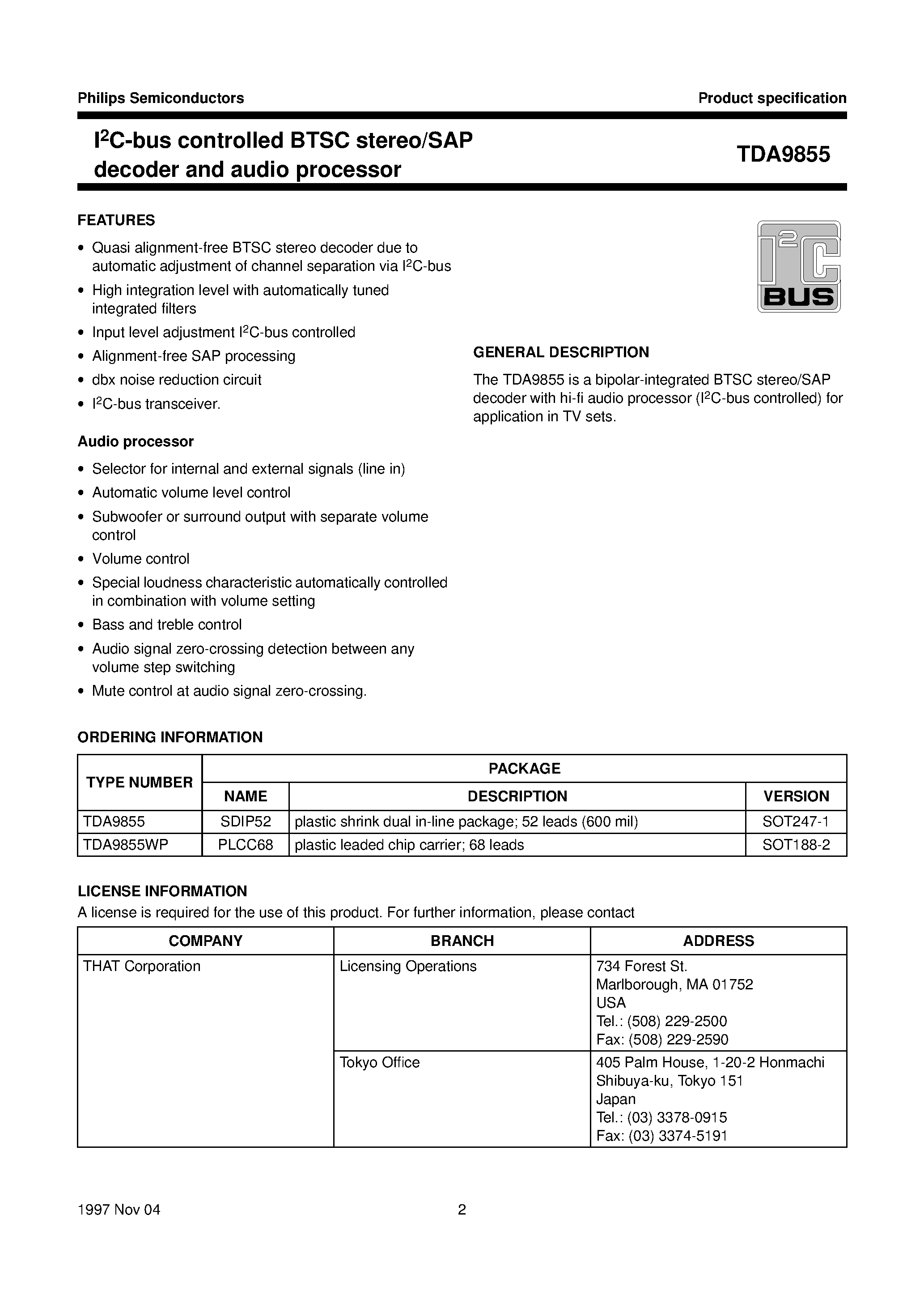 Datasheet TDA9855 page 2 Datasheet TDA9855 - I2C-bus controlled BTSC stereo/SAP decoder and audio processor page 2