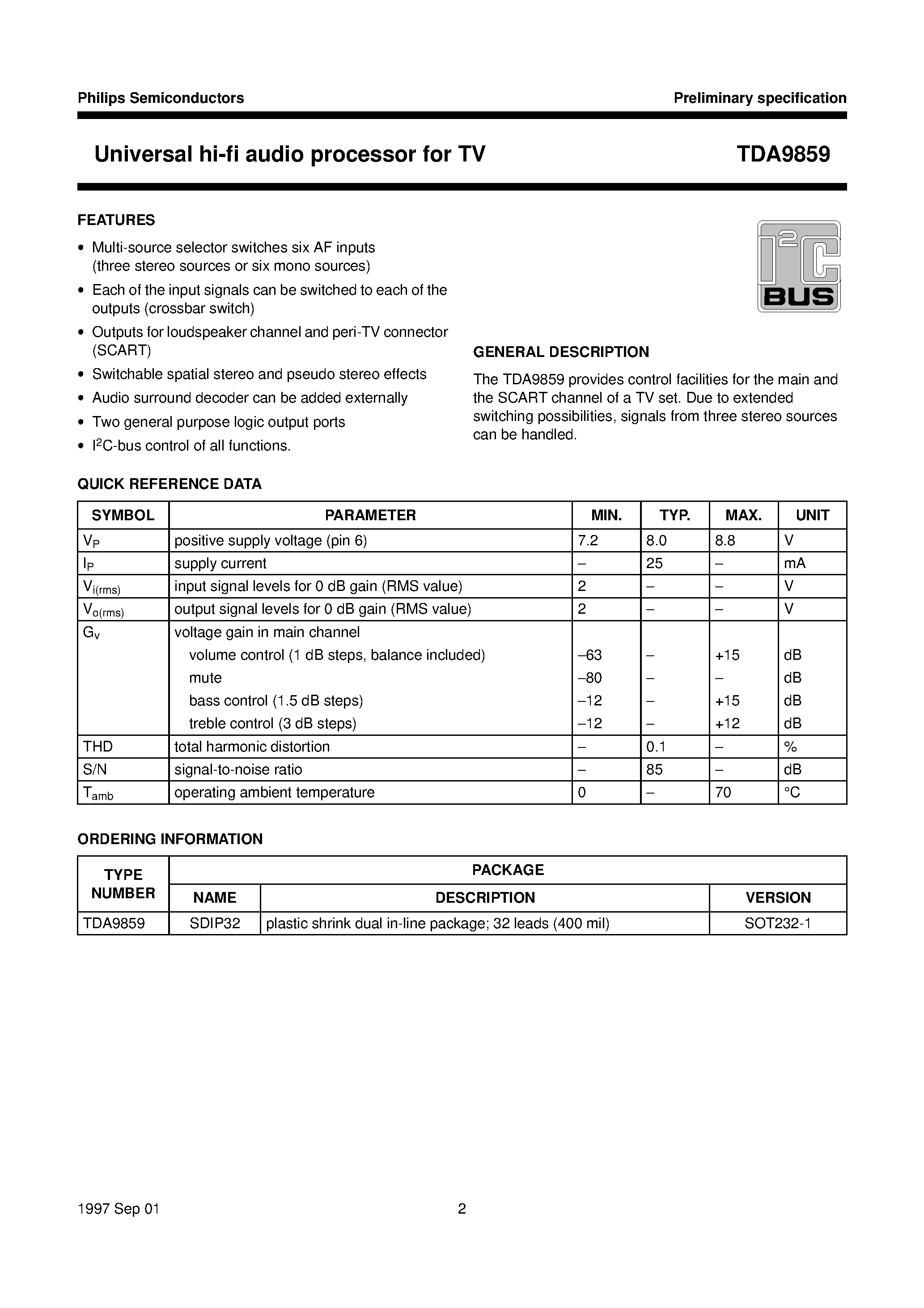 Datasheet TDA9859 page 2 Datasheet TDA9859 - Universal hi-fi audio processor for TV page 2