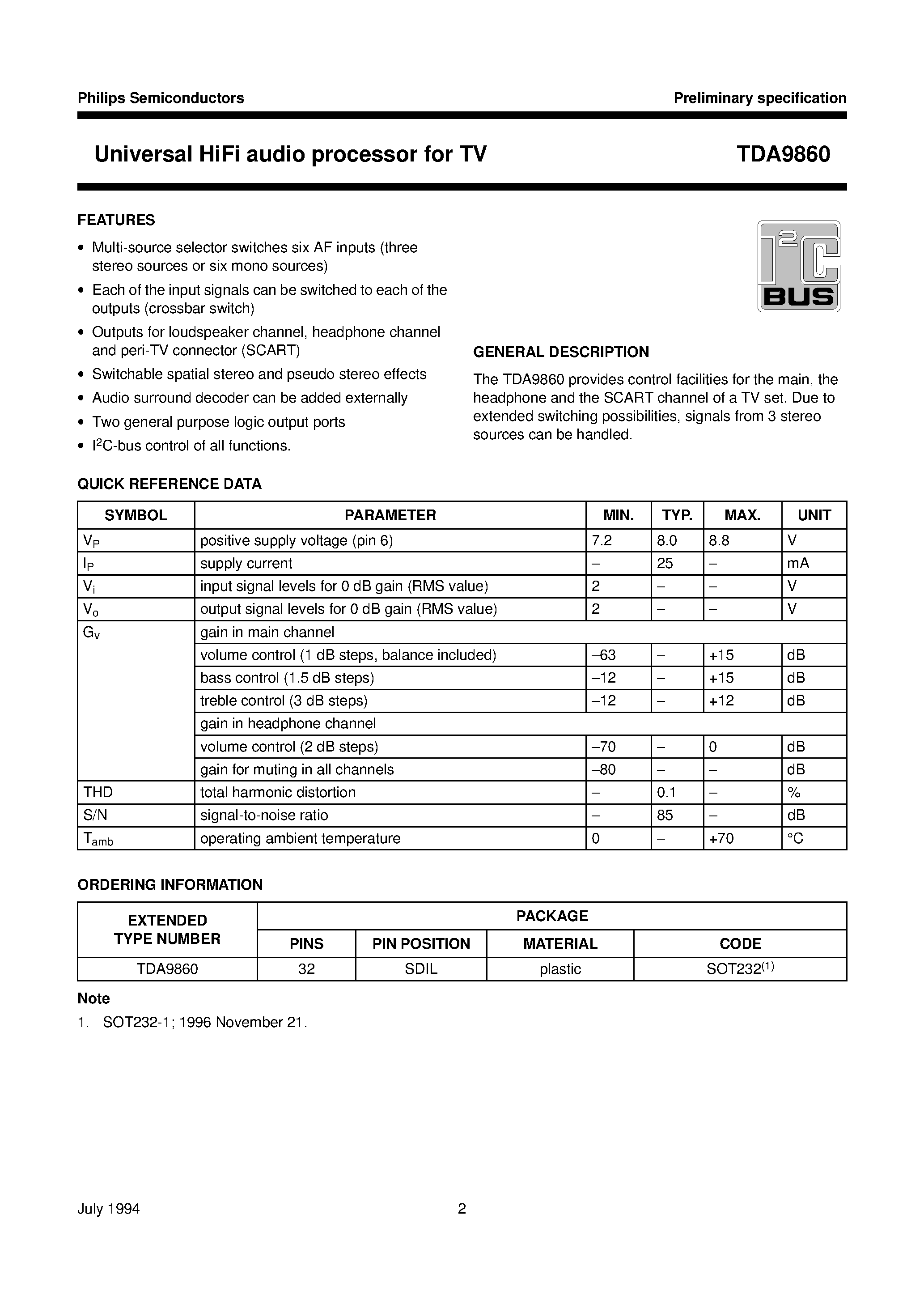 Datasheet TDA9860 - Universal HiFi audio processor for TV page 2