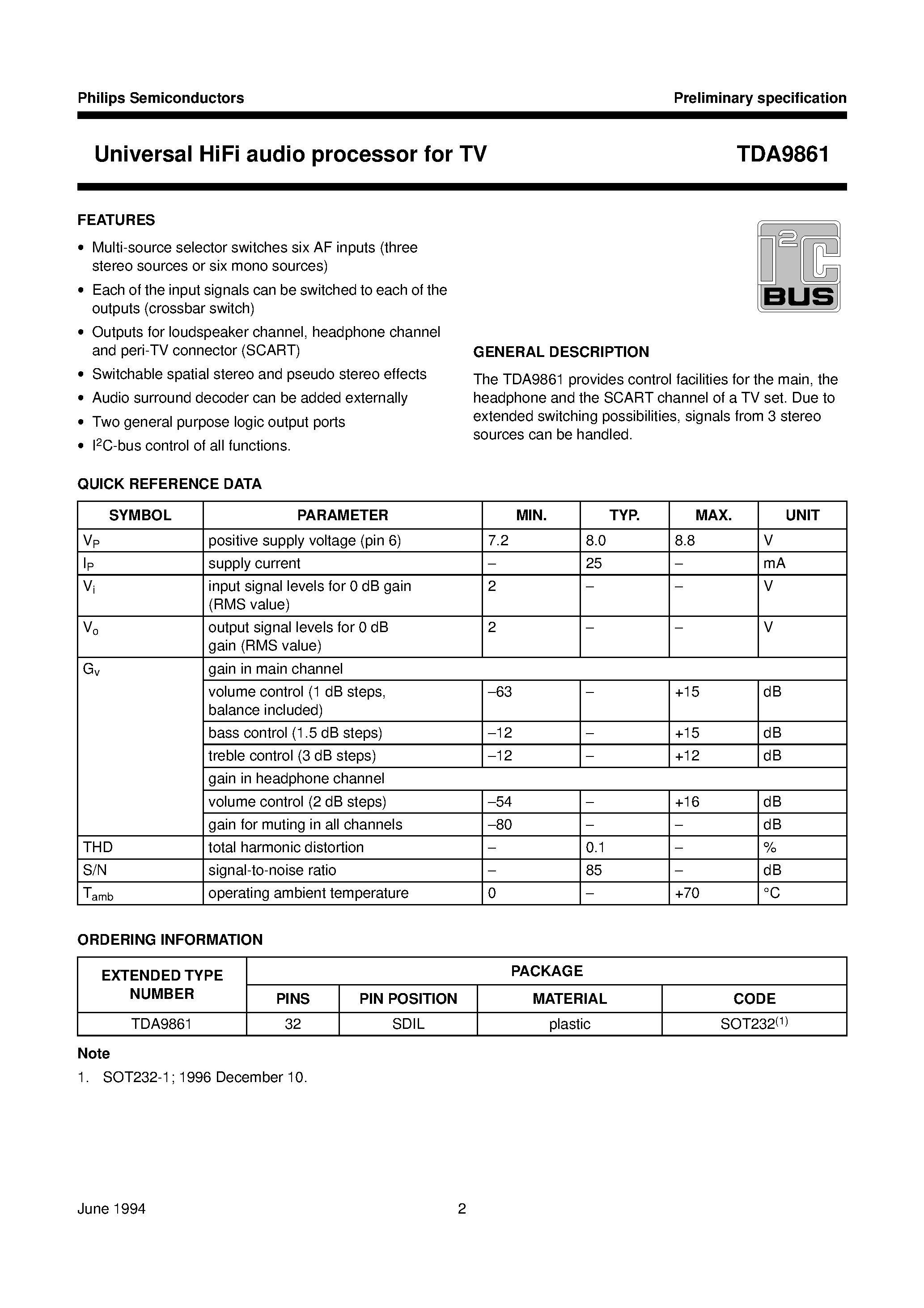 Datasheet TDA9861 page 2 Datasheet TDA9861 - Universal HiFi audio processor for TV page 2