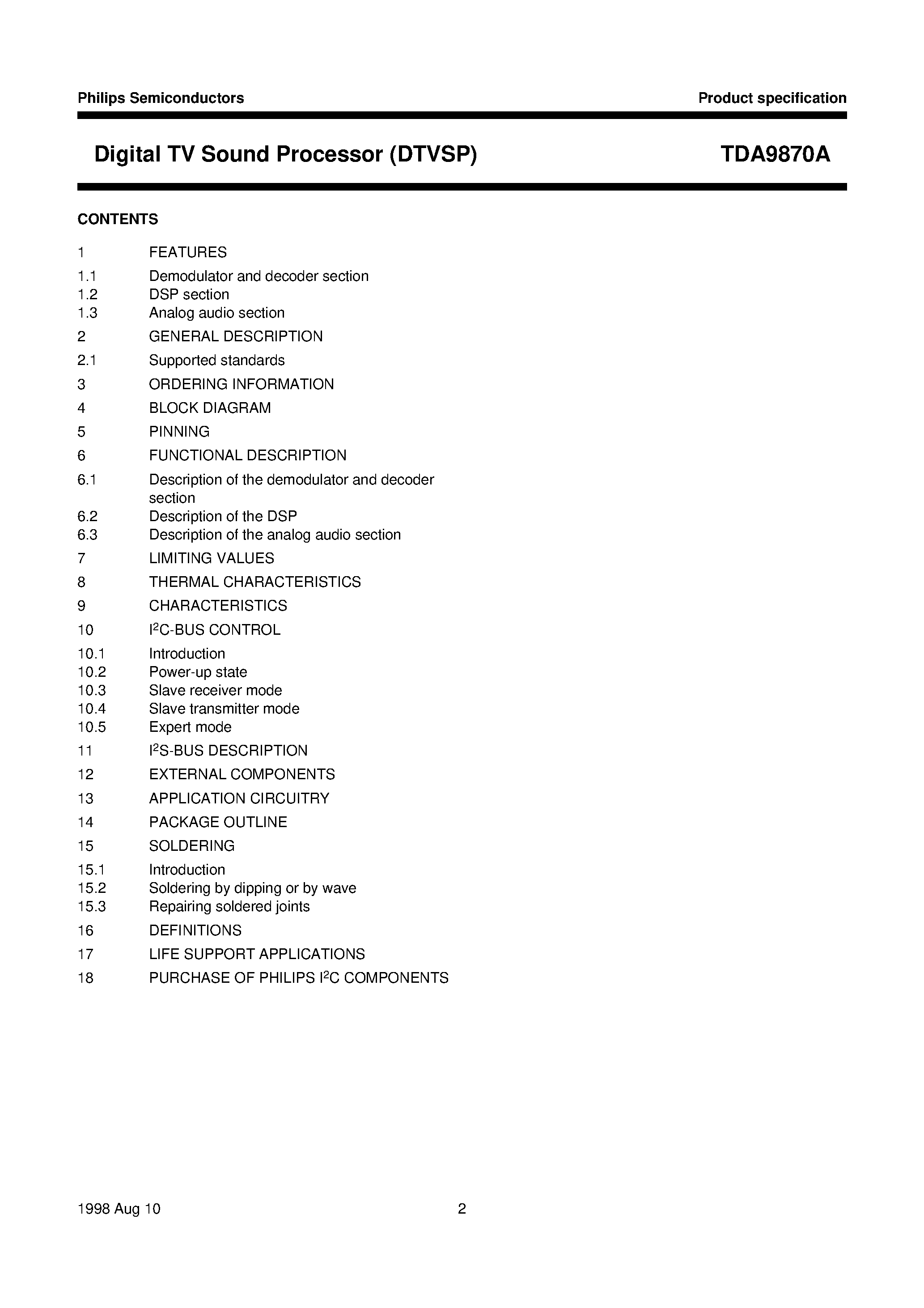 Datasheet TDA9870A page 2 Datasheet TDA9870A - Digital TV Sound Processor DTVSP page 2
