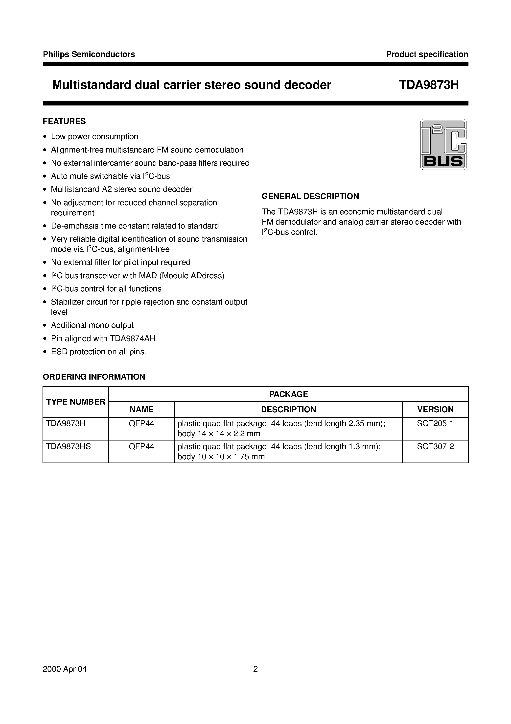 Datasheet TDA9873 page 2 Datasheet TDA9873 - Multistandard dual carrier stereo sound decoder page 2