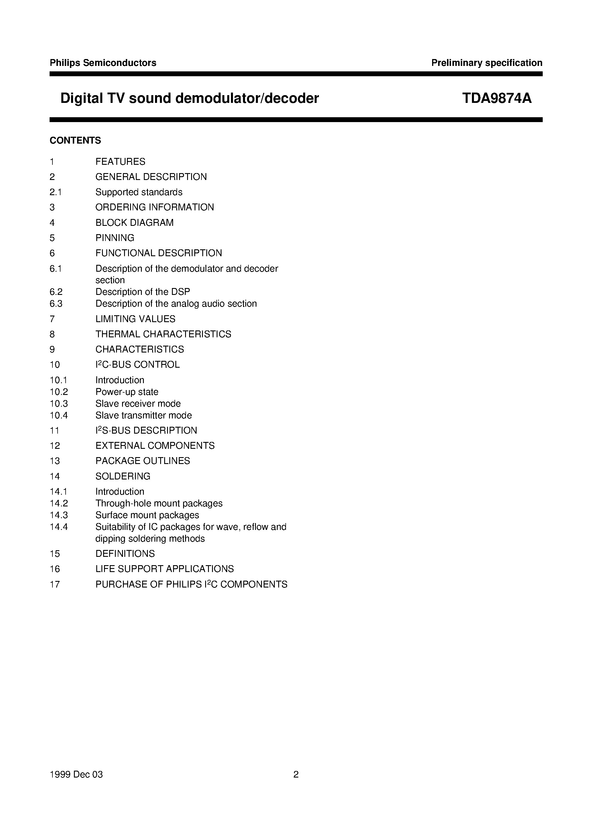 Datasheet TDA9874APS page 2 Datasheet TDA9874APS - Digital TV sound demodulator/decoder page 2