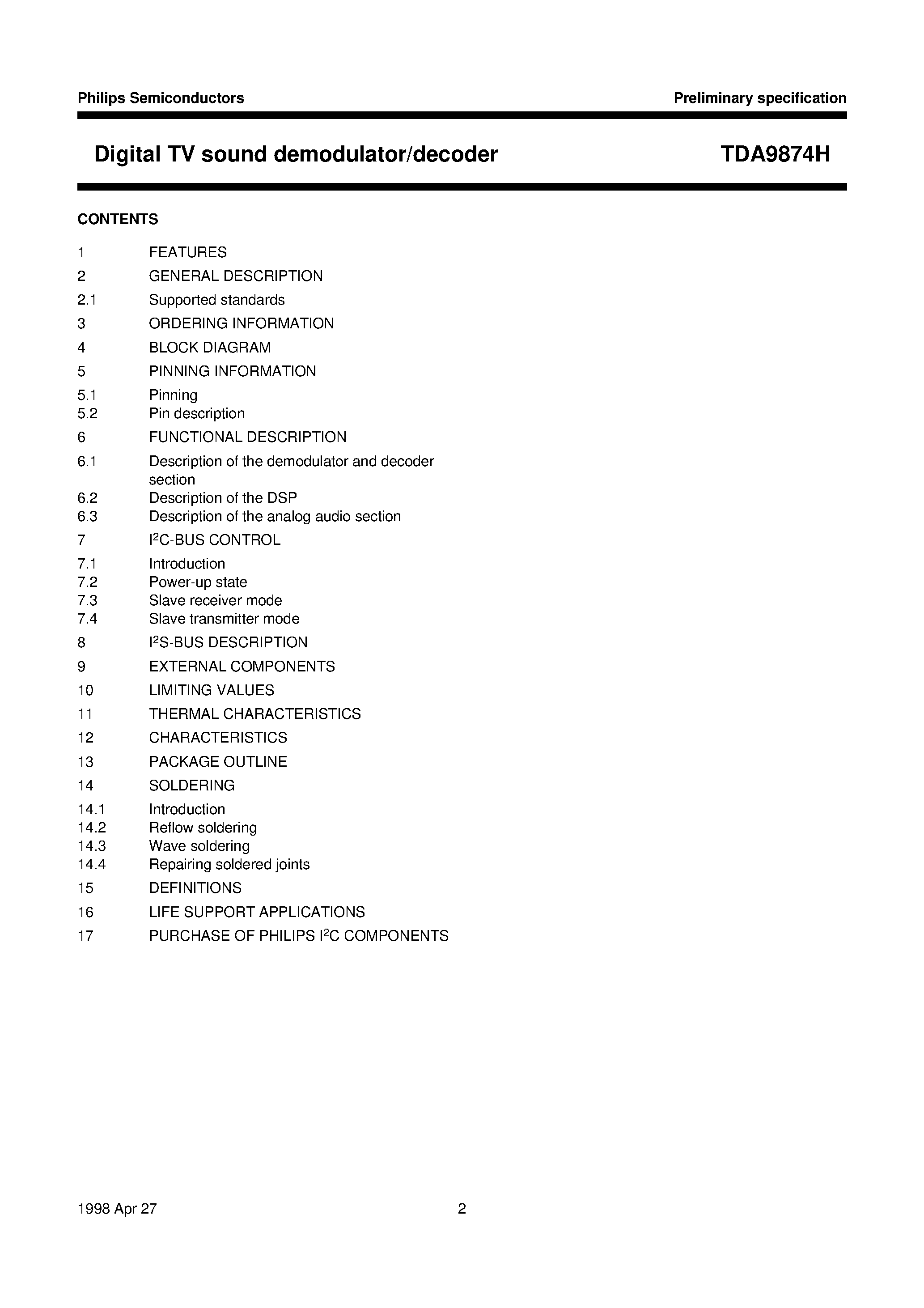 Datasheet TDA9874H page 2 Datasheet TDA9874H - Digital TV sound demodulator/decoder page 2