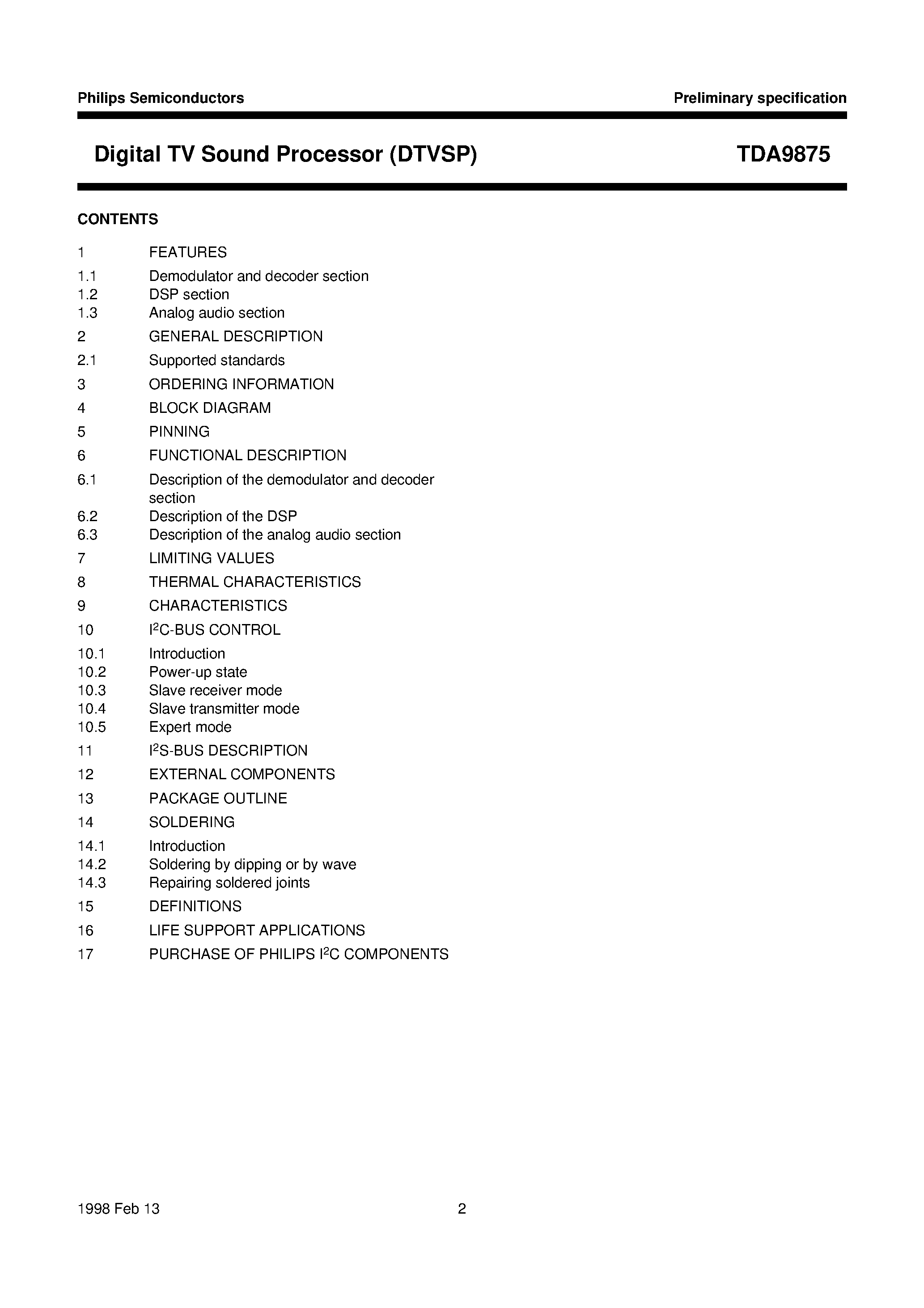 Datasheet TDA9875 page 2 Datasheet TDA9875 - Digital TV Sound Processor DTVSP page 2