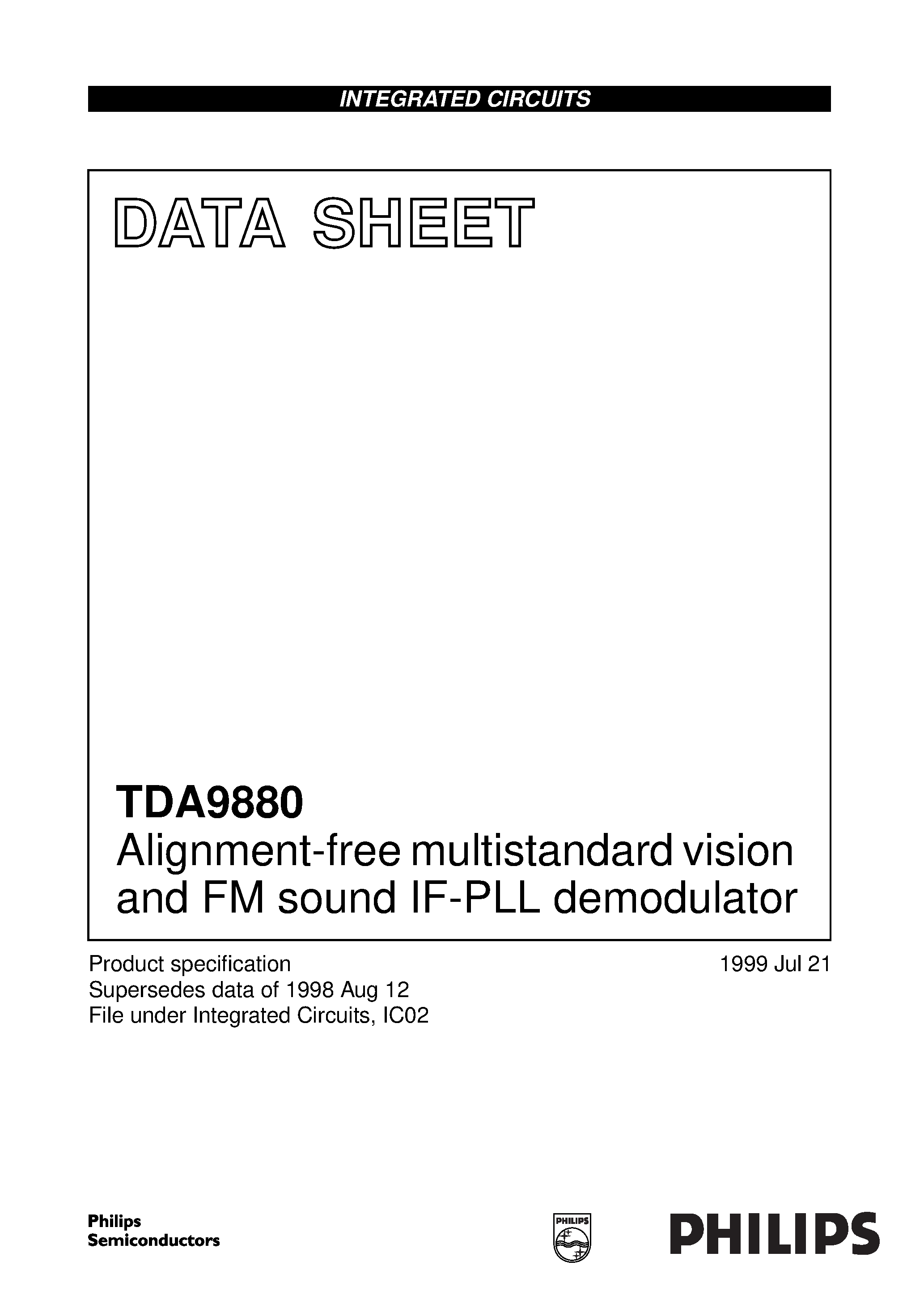 Datasheet TDA9880T page 1 Datasheet TDA9880T - Alignment-free multistandard vision and FM sound IF-PLL demodulator page 1