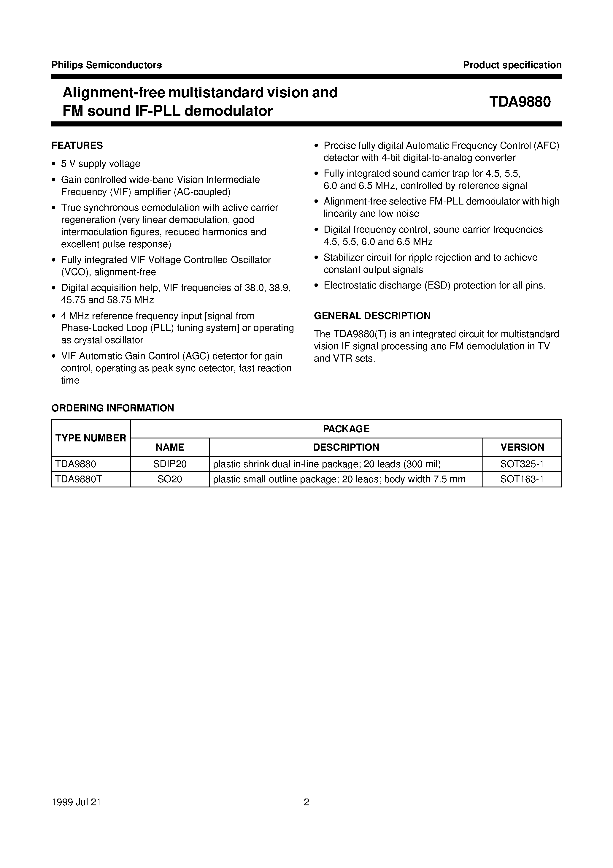 Datasheet TDA9880T page 2 Datasheet TDA9880T - Alignment-free multistandard vision and FM sound IF-PLL demodulator page 2