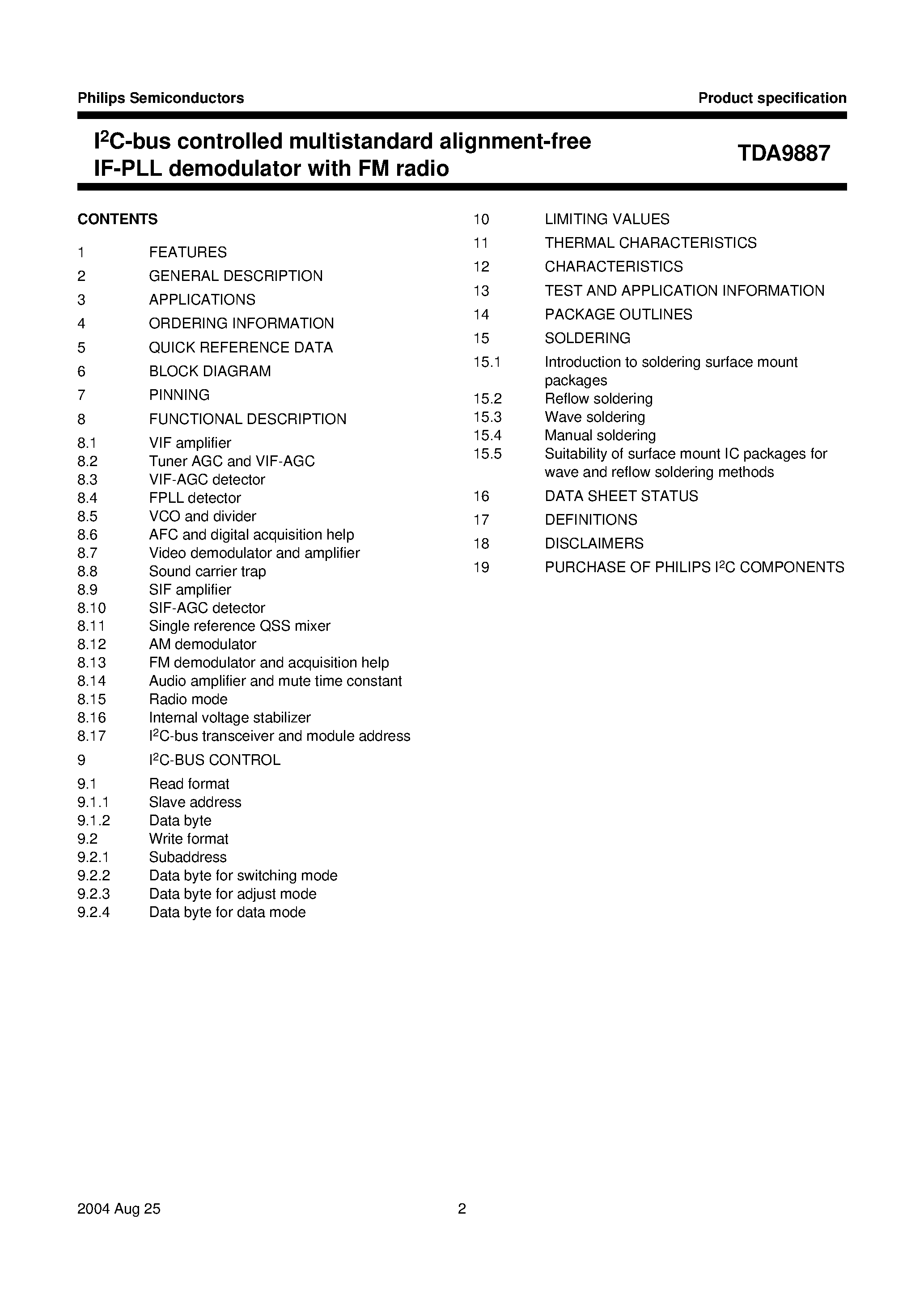 Datasheet TDA9887 page 2 Datasheet TDA9887 - I2C-bus controlled multistandard alignment-free IF-PLL demodulator with FM radio page 2