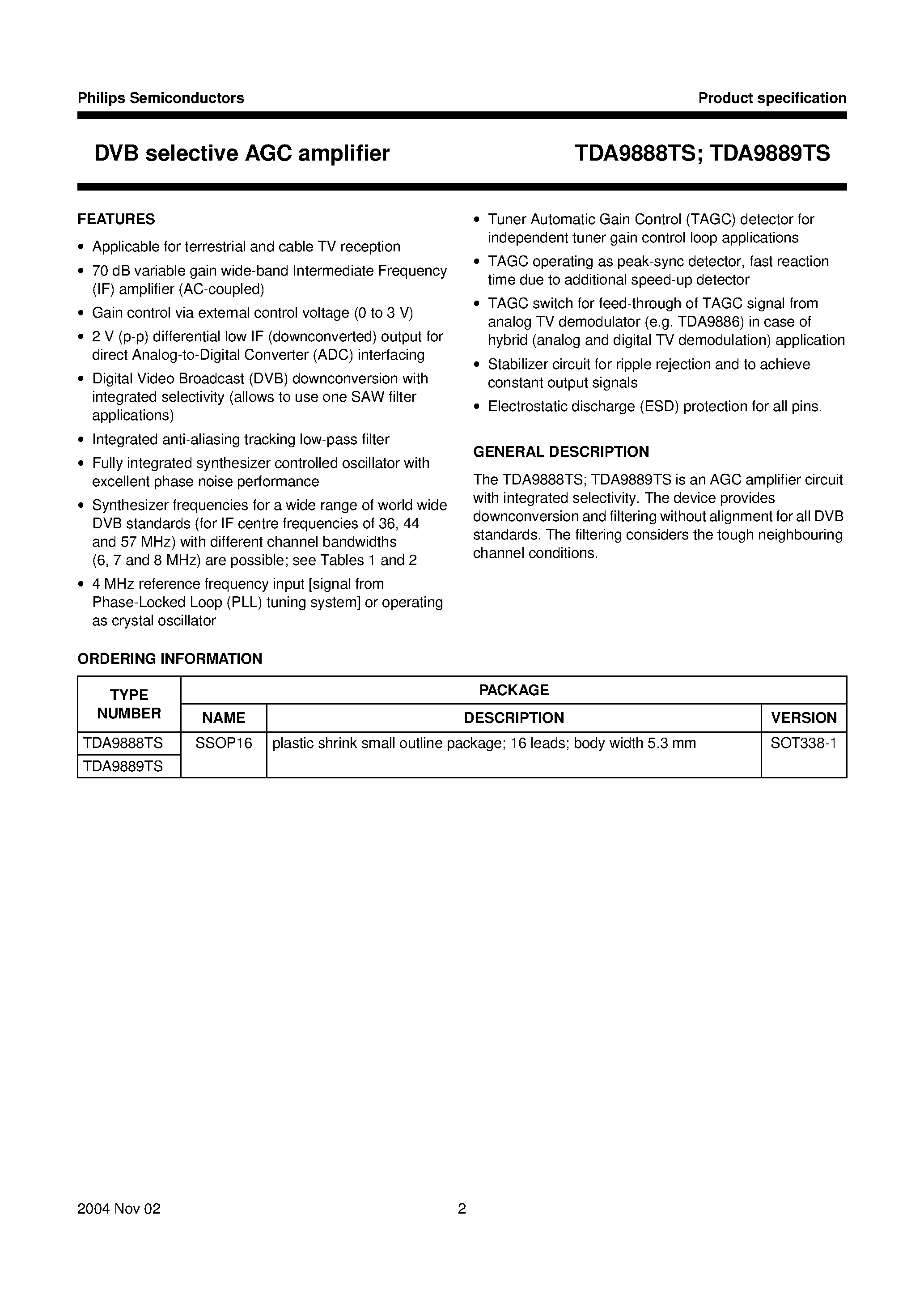 Datasheet TDA9889TS page 2 Datasheet TDA9889TS - DVB selective AGC amplifier page 2