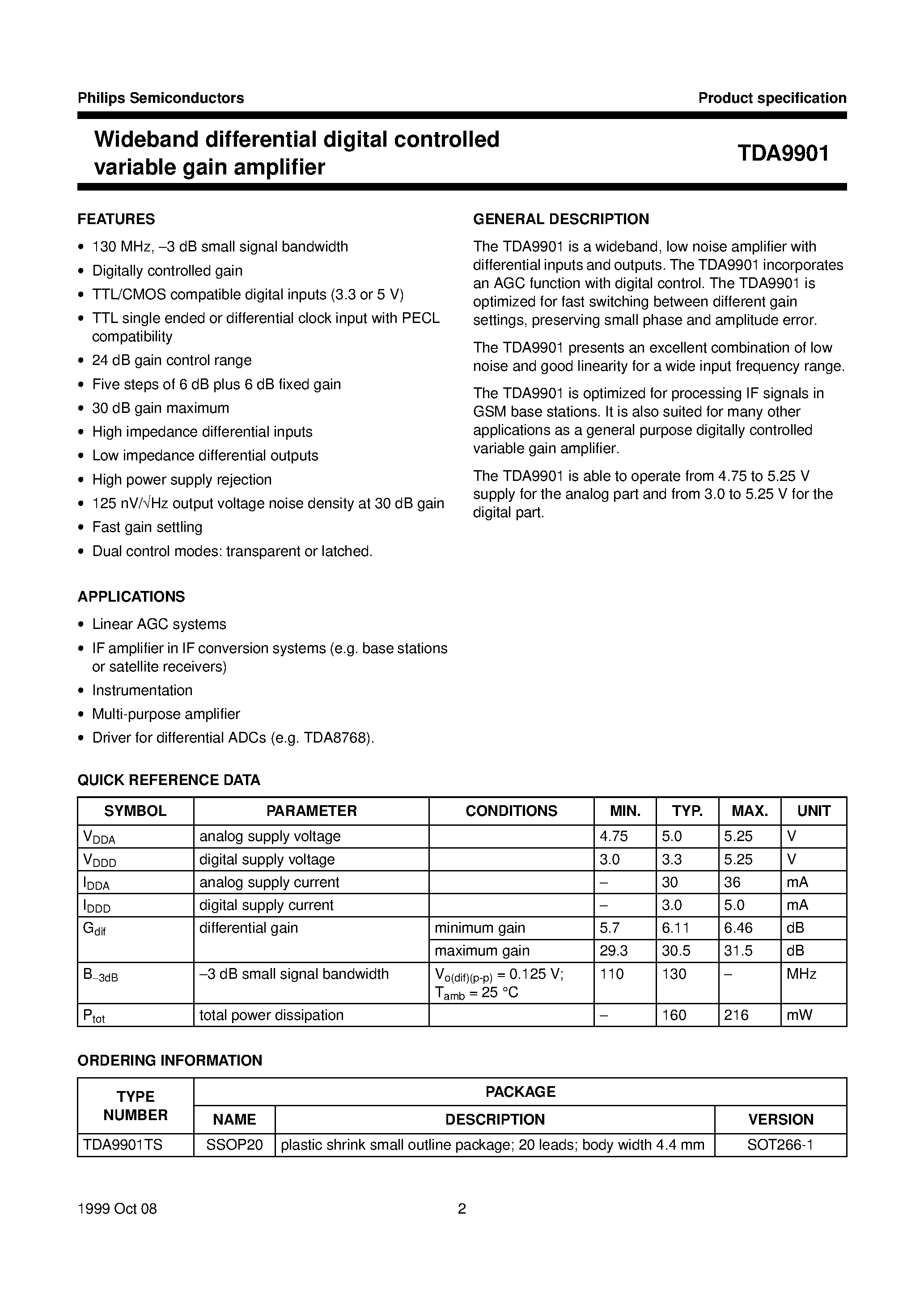Datasheet TDA9901TS page 2 Datasheet TDA9901TS - Wideband differential digital controlled variable gain amplifier page 2