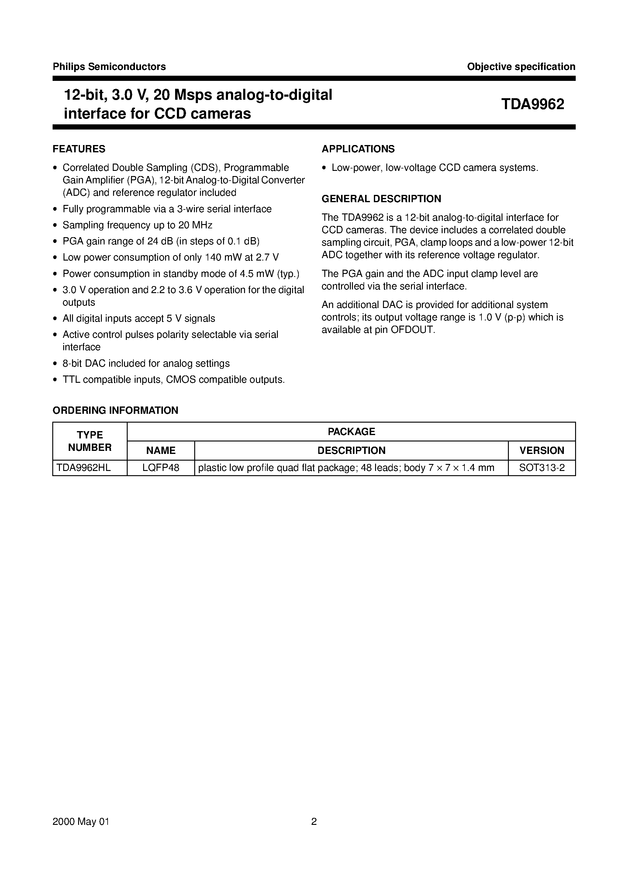 Datasheet TDA9962 - 12-bit/ 3.0 V/ 20 Msps analog-to-digital interface for CCD cameras page 2