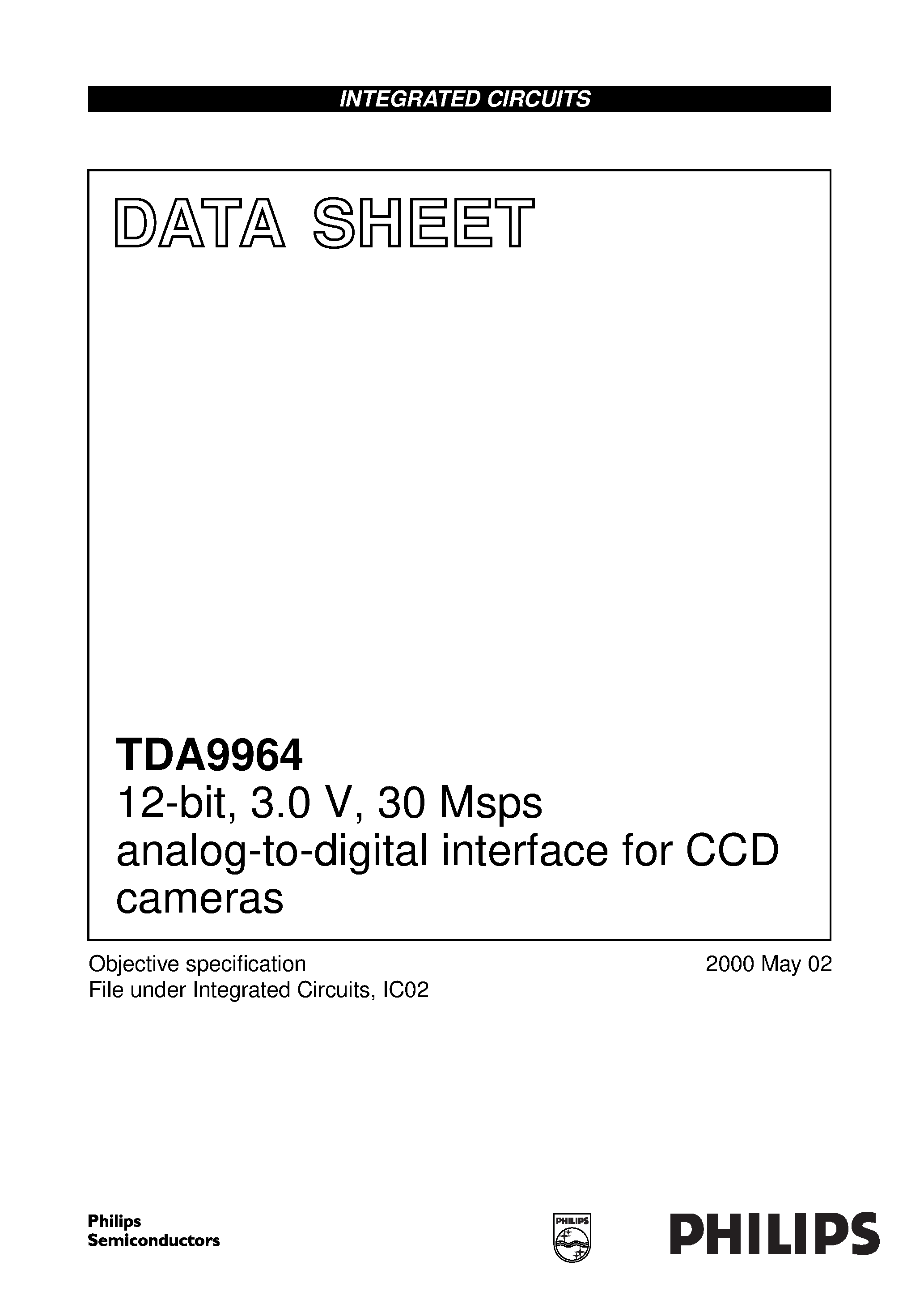 Datasheet TDA9964 page 1 Datasheet TDA9964 - 12-bit/ 3.0 V/ 30 Msps analog-to-digital interface for CCD cameras page 1