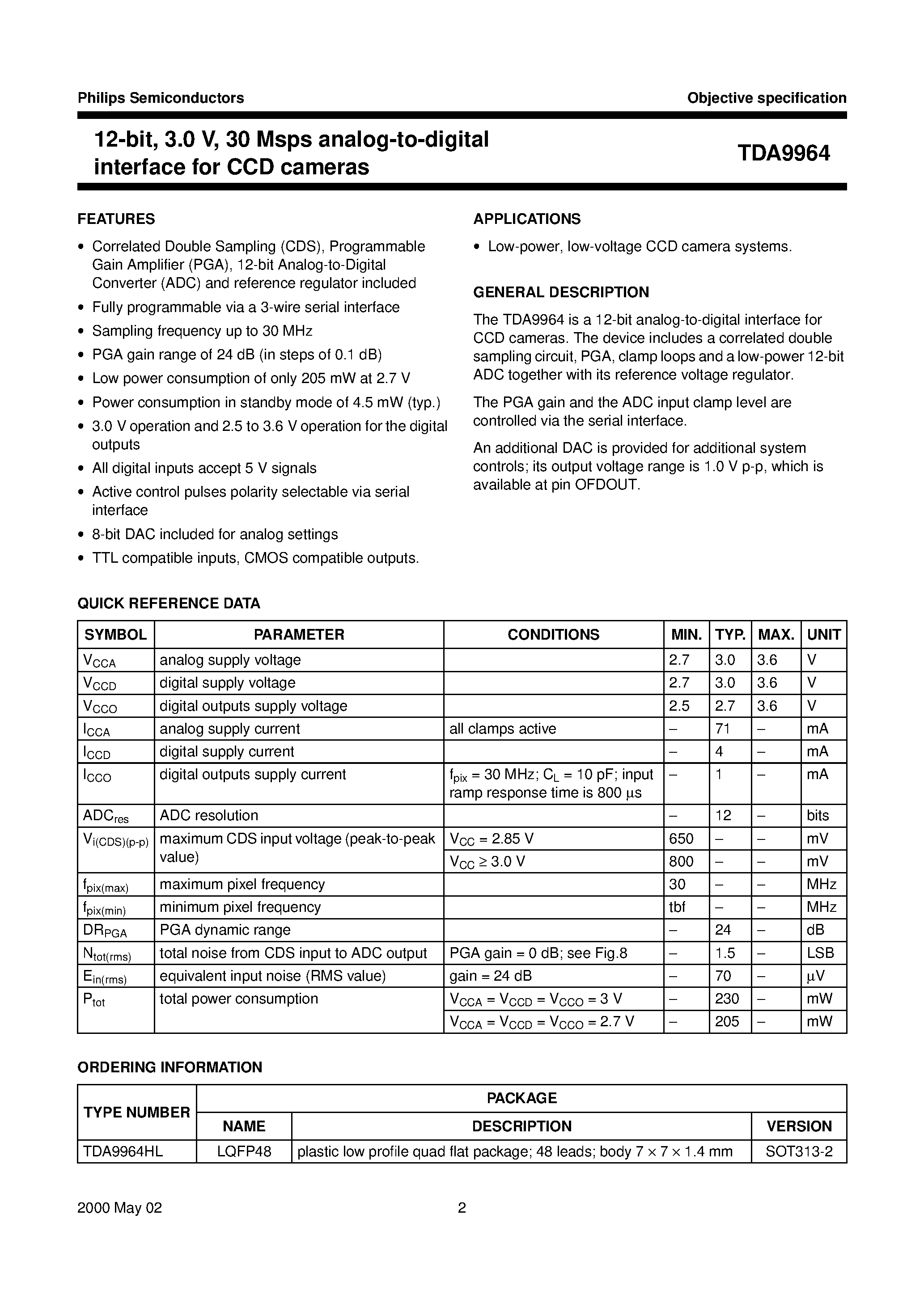 Datasheet TDA9964 page 2 Datasheet TDA9964 - 12-bit/ 3.0 V/ 30 Msps analog-to-digital interface for CCD cameras page 2