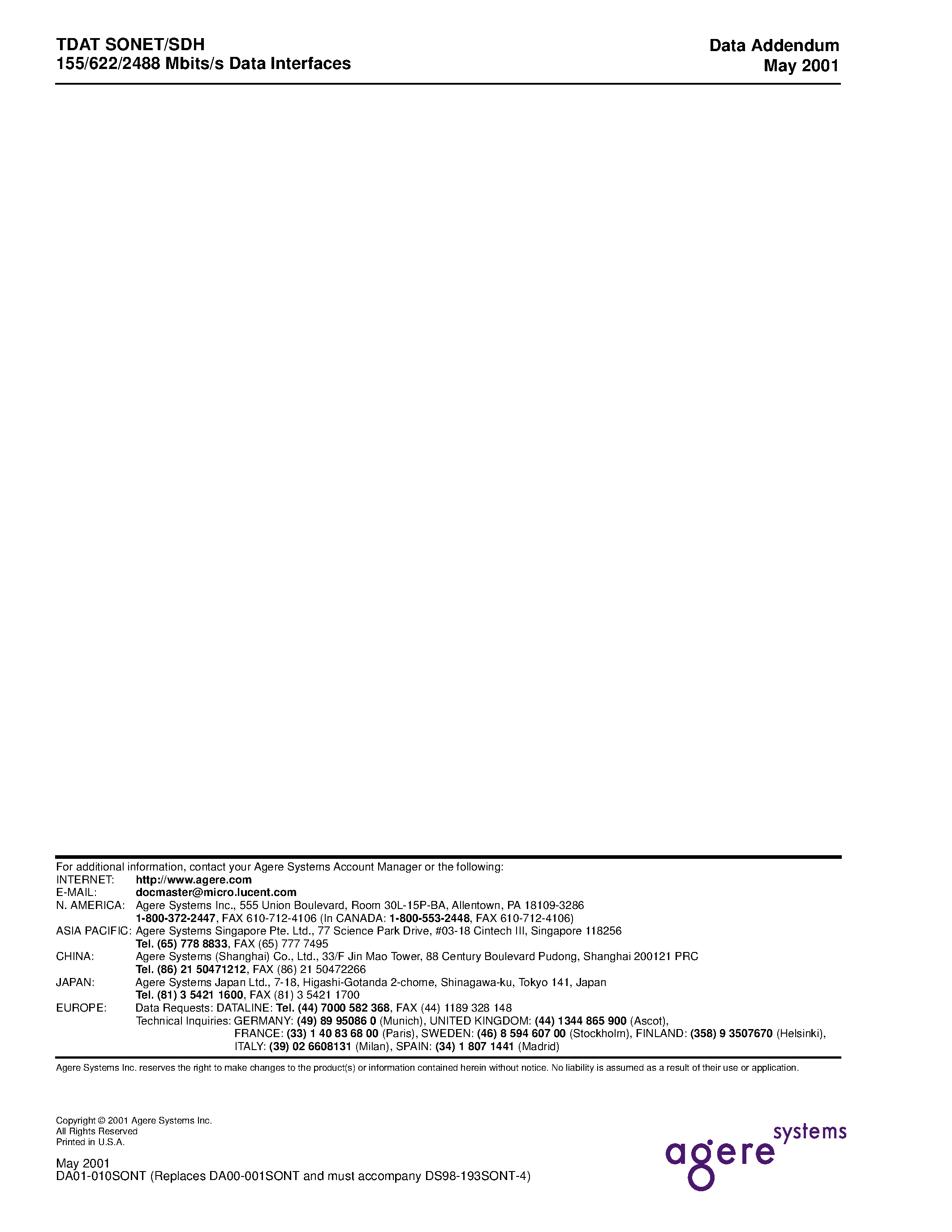 Datasheet TDAT04622 page 2 Datasheet TDAT04622 - TDAT SONET/SDH 155/622/2488 Mbits/s Data Interfaces page 2