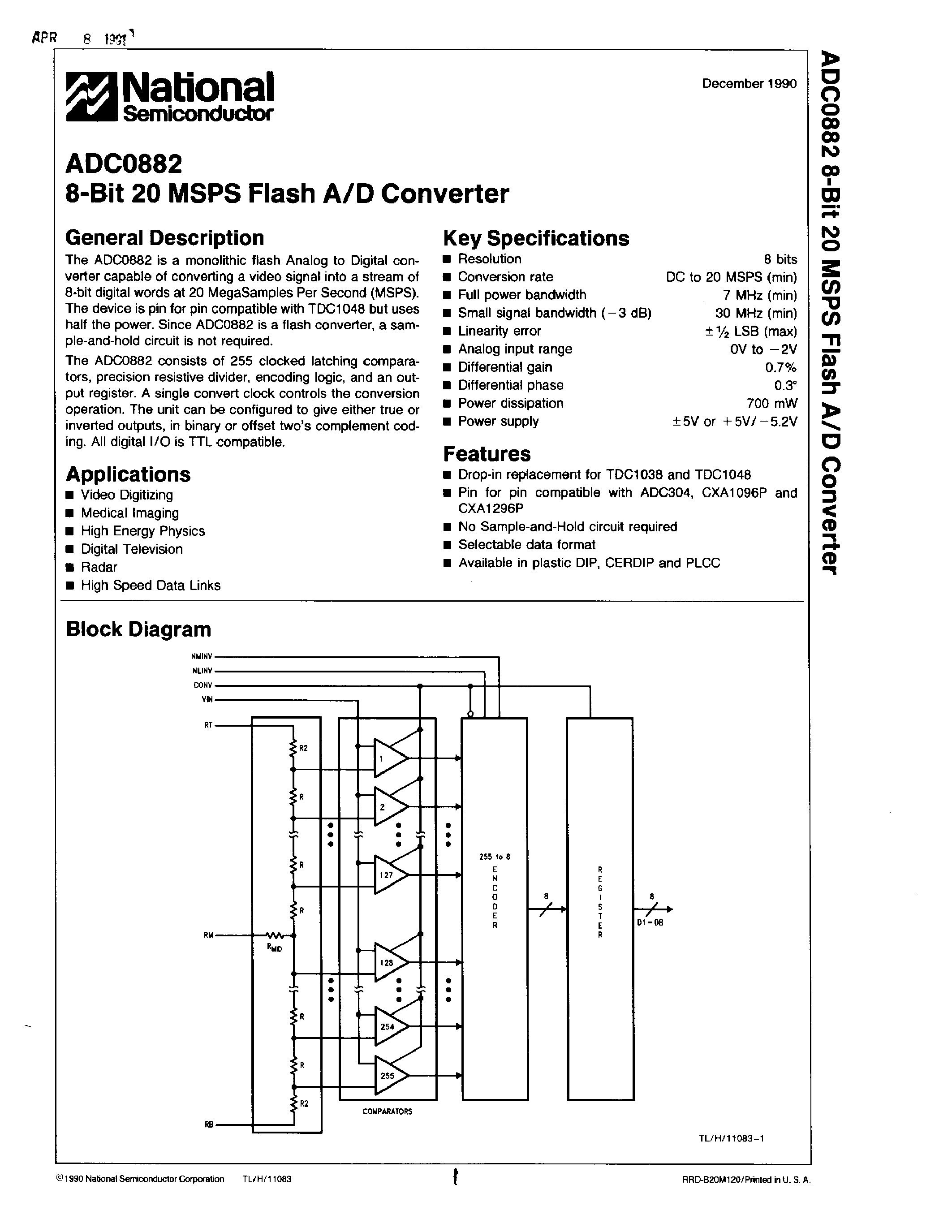 Datasheet TDC1038B6C - 8-Bit 20 MSPS Flash A/D Converter page 1