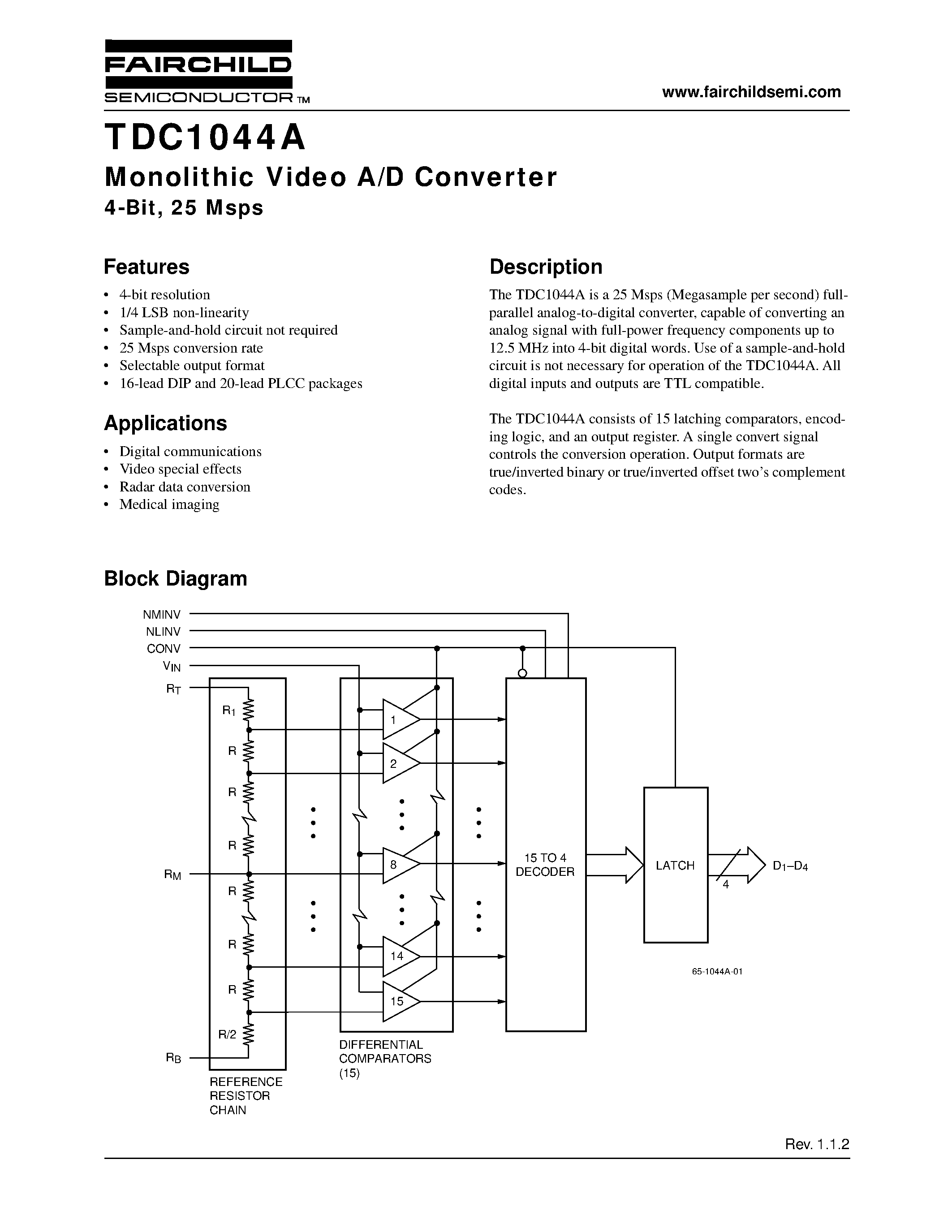 Datasheet TDC1044A - Monolithic Video A/D Converter 4-Bit/ 25 Msps page 1
