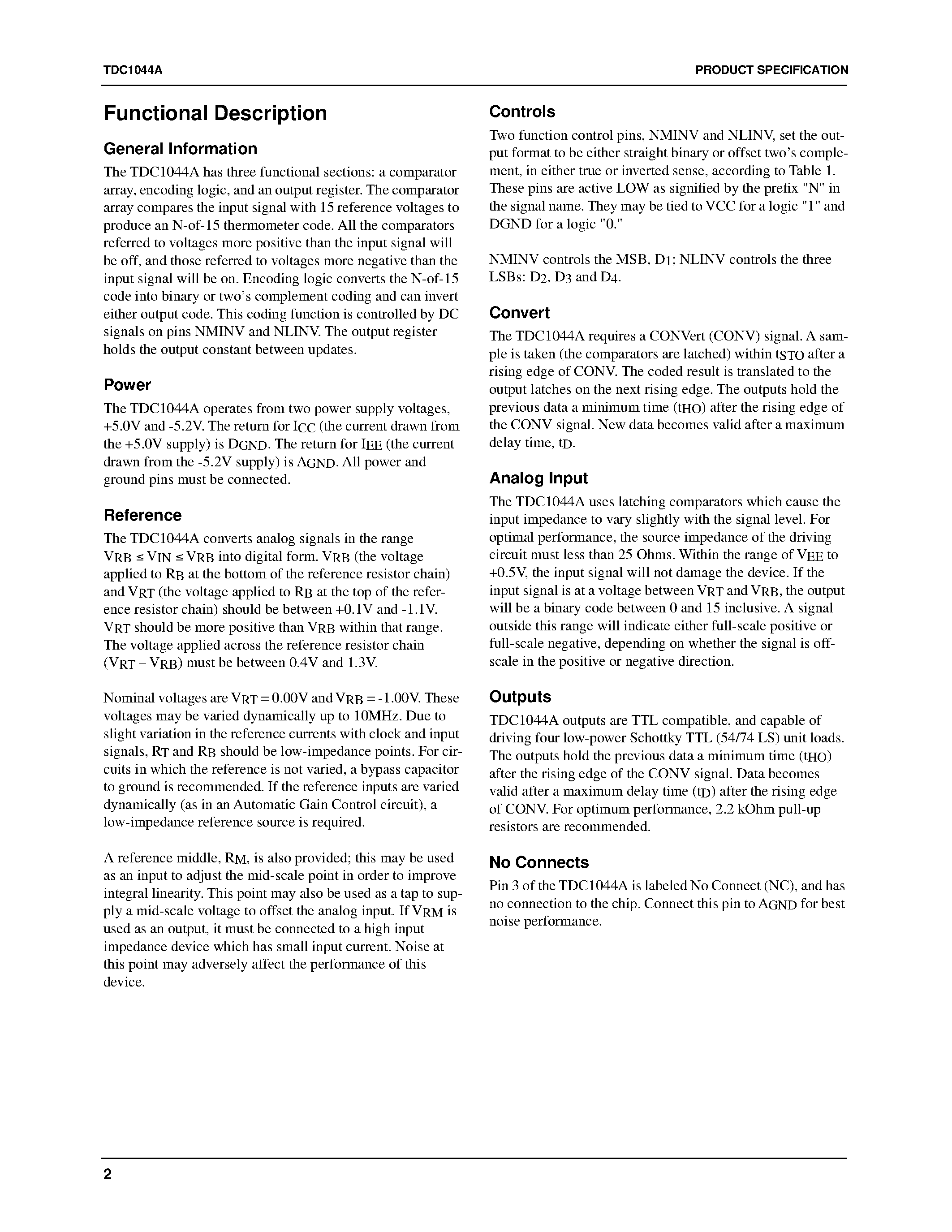 Datasheet TDC1044A - Monolithic Video A/D Converter 4-Bit/ 25 Msps page 2