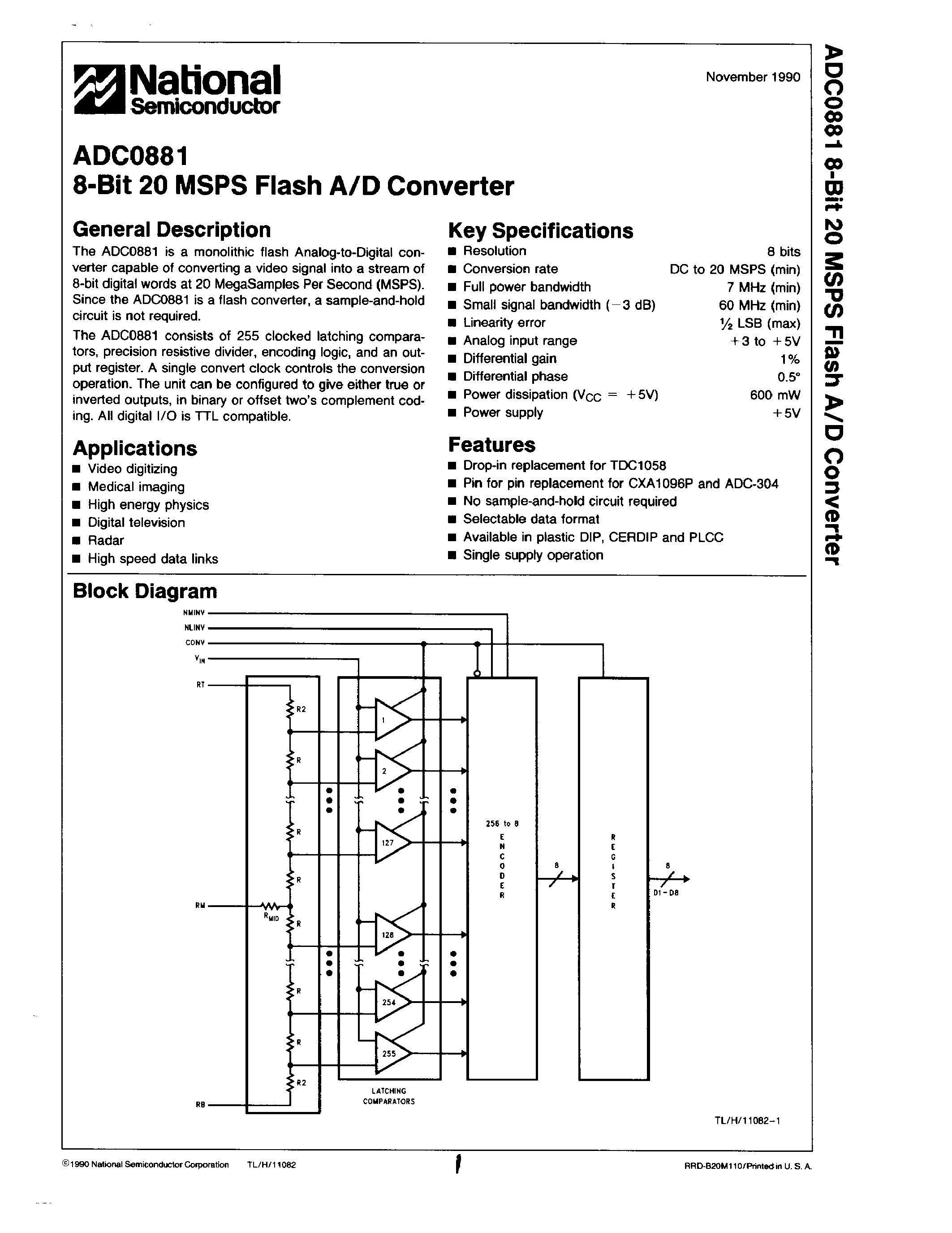 Datasheet TDC1058N6C - 8-Bit 20 MSPS Flash A/D Converter page 1