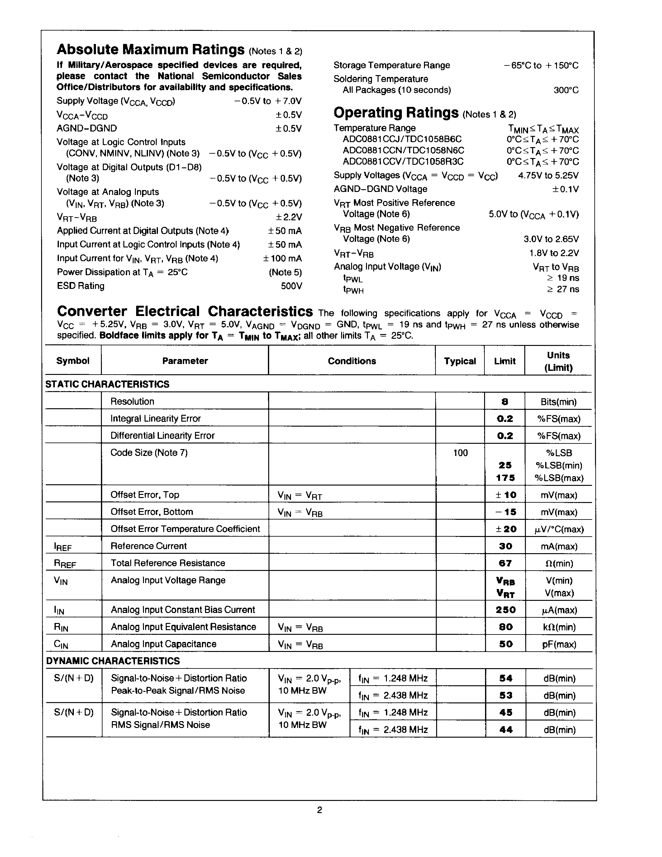 Datasheet TDC1058R3C - 8-Bit 20 MSPS Flash A/D Converter page 2
