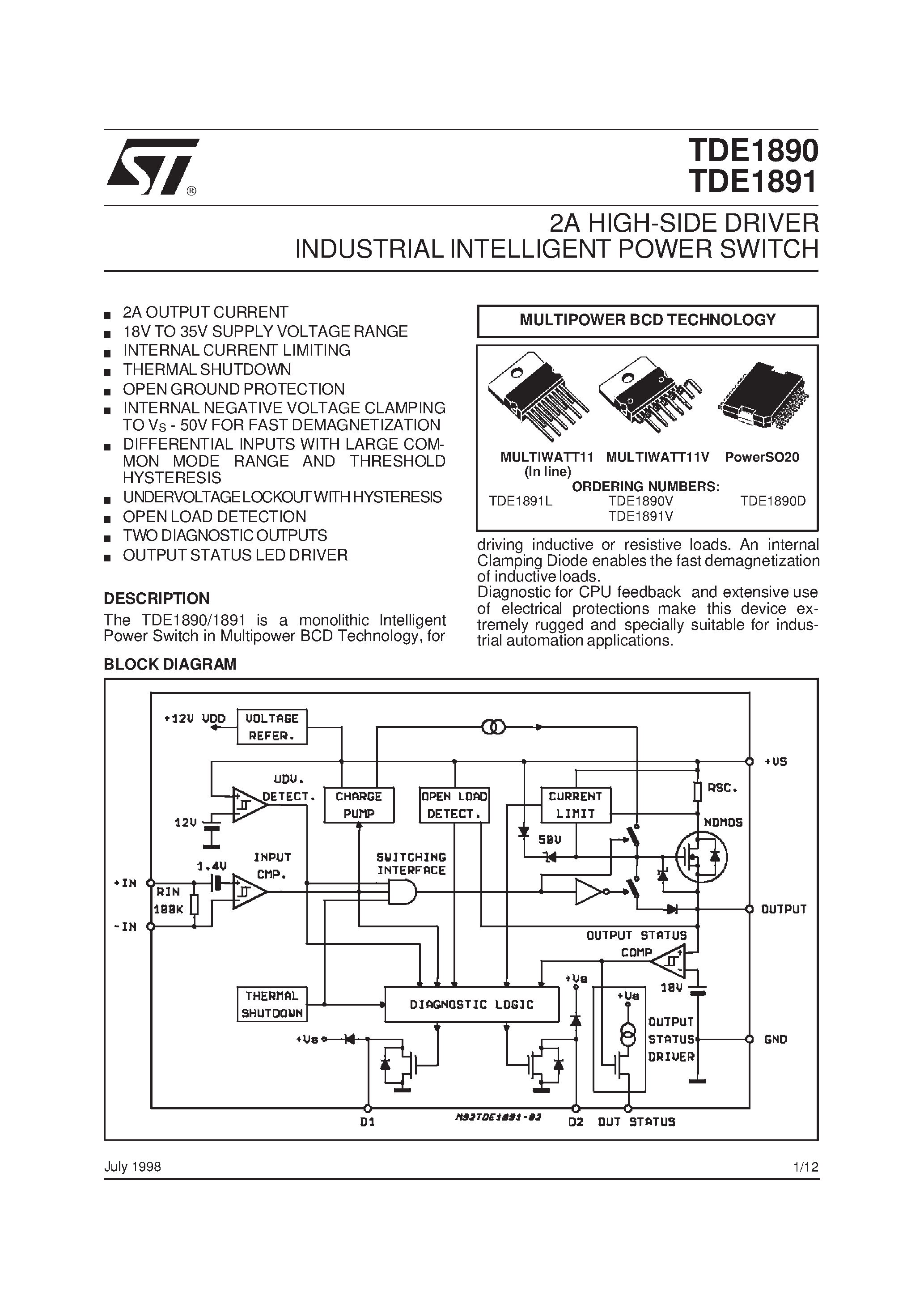 Datasheet TDE1891V page 1 Datasheet TDE1891V - 2A HIGH-SIDE DRIVER INDUSTRIAL INTELLIGENT POWER SWITCH page 1