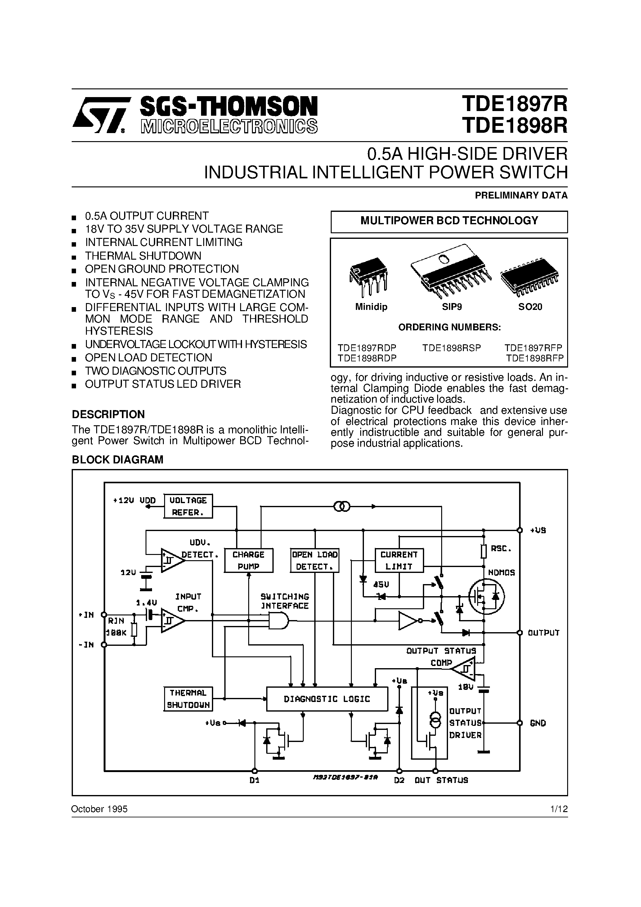 Даташит TDE1898RSP-0.5A HIGH-SIDE DRIVER INDUSTRIAL INTELLIGENT POWER SWITCH страница 1