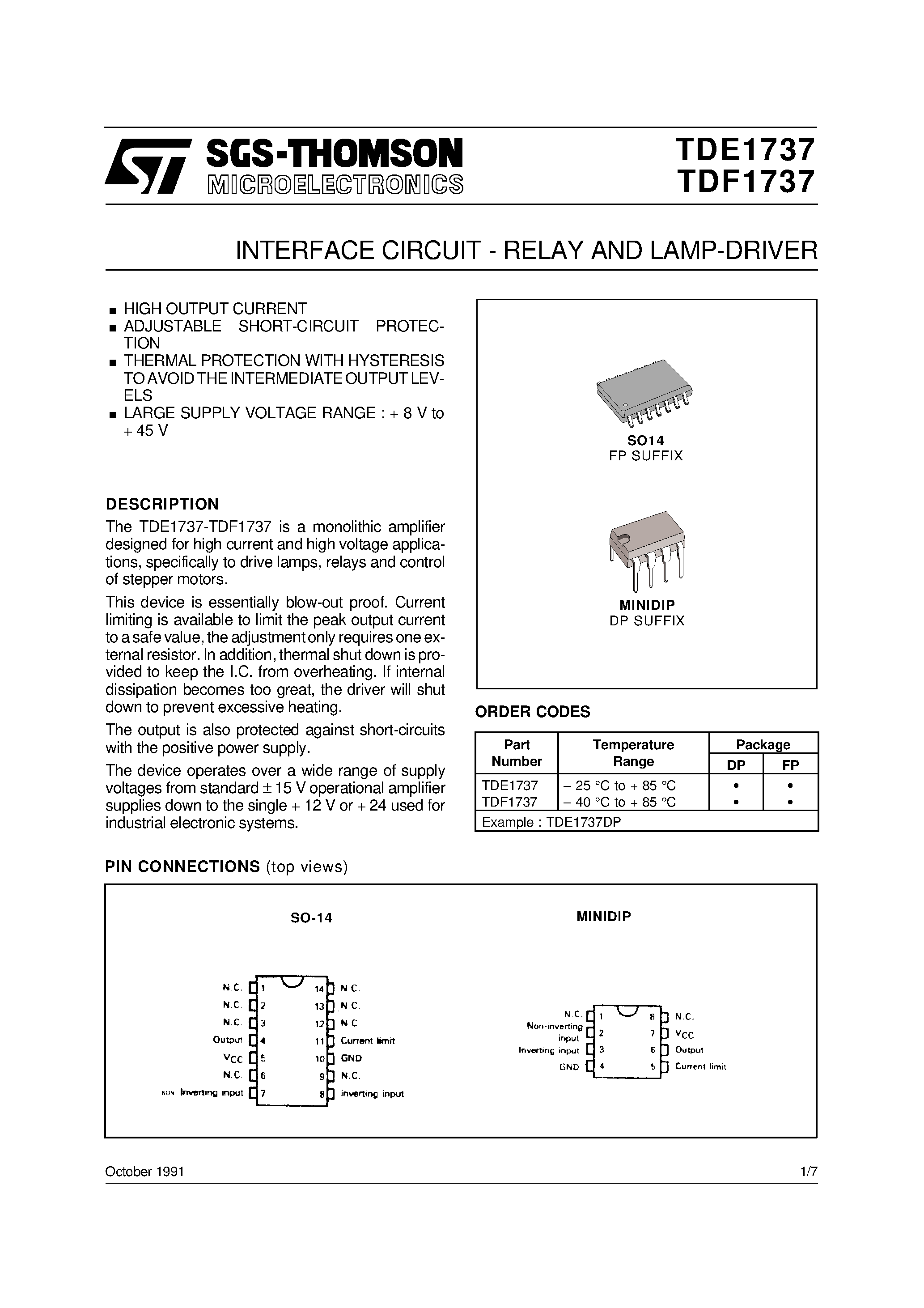 Datasheet TDF1737FP - INTERFACE CIRCUIT - RELAY AND LAMP-DRIVER page 1
