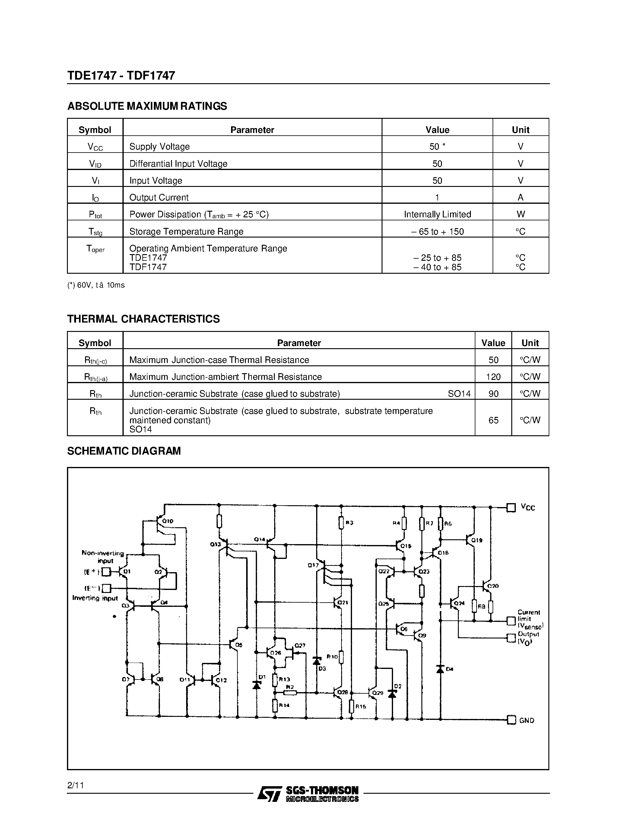 Datasheet TDF1747 - INTERFACE CIRCUIT - RELAY AND LAMP - DRIVER page 2