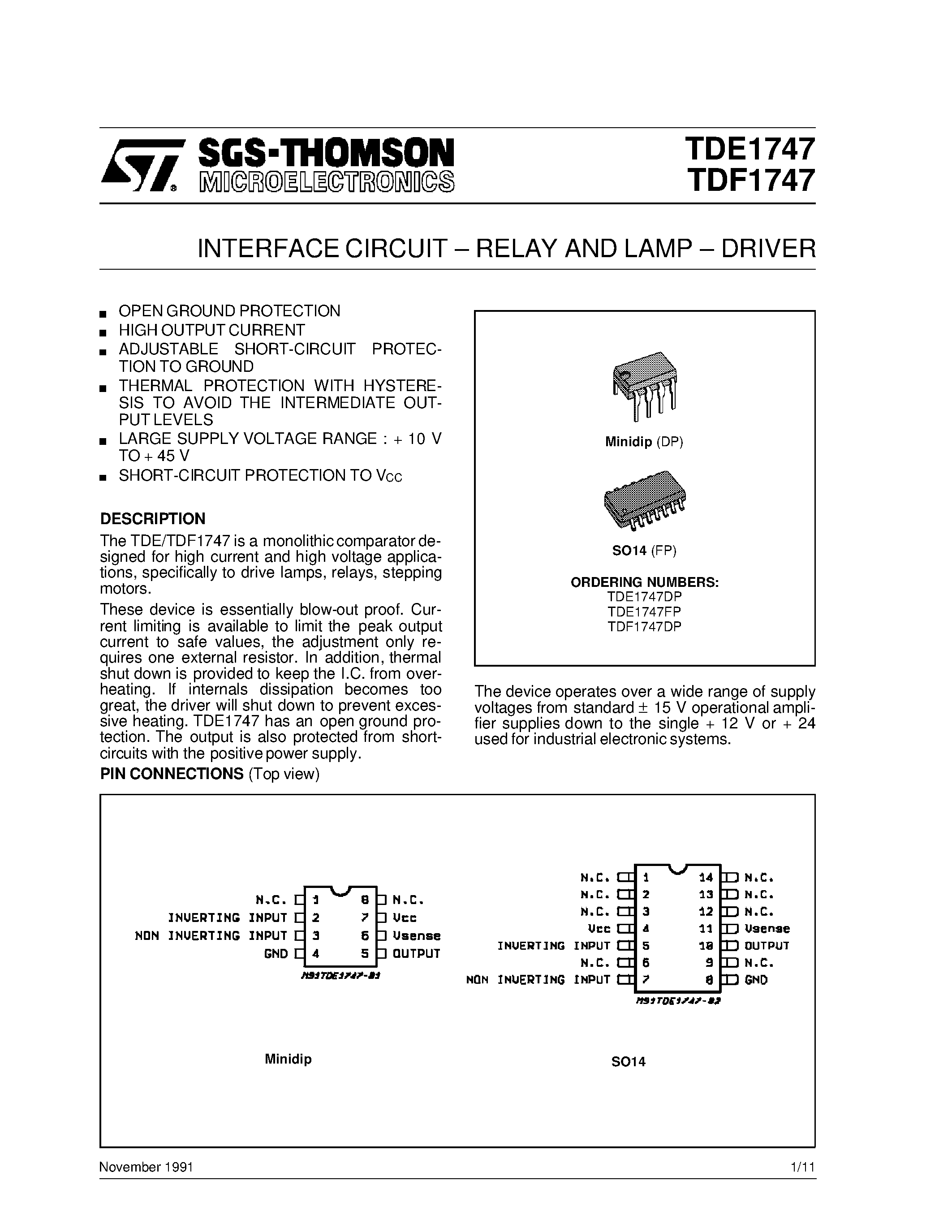 Datasheet TDF1747DP - INTERFACE CIRCUIT - RELAY AND LAMP - DRIVER page 1
